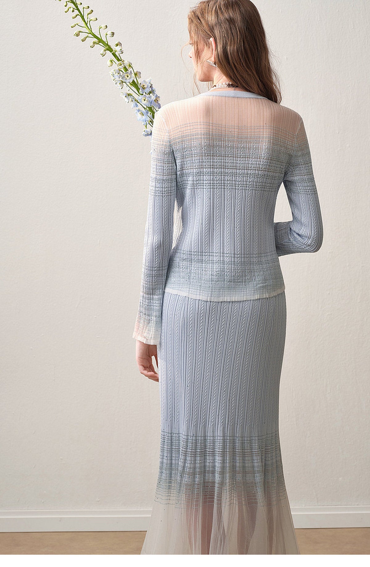 Delphinium Long-sleeve Button-Front Gradient Mesh Knit Mermaid Co-ord