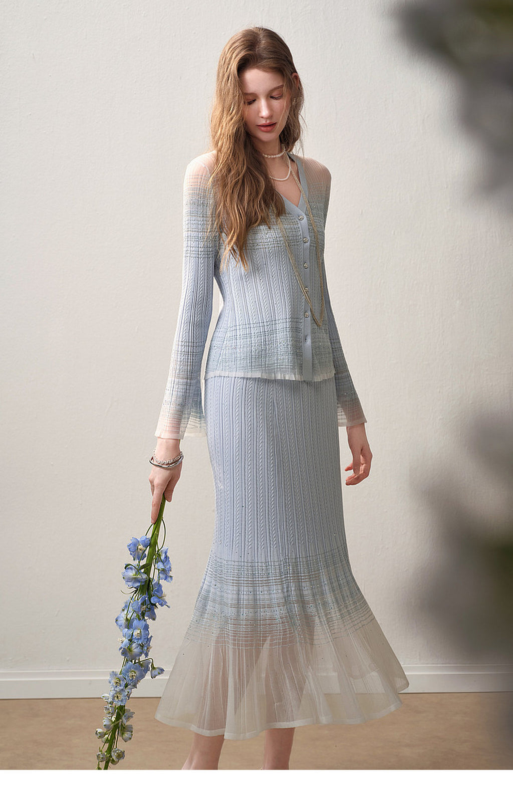 Delphinium Long-sleeve Button-Front Gradient Mesh Knit Mermaid Co-ord