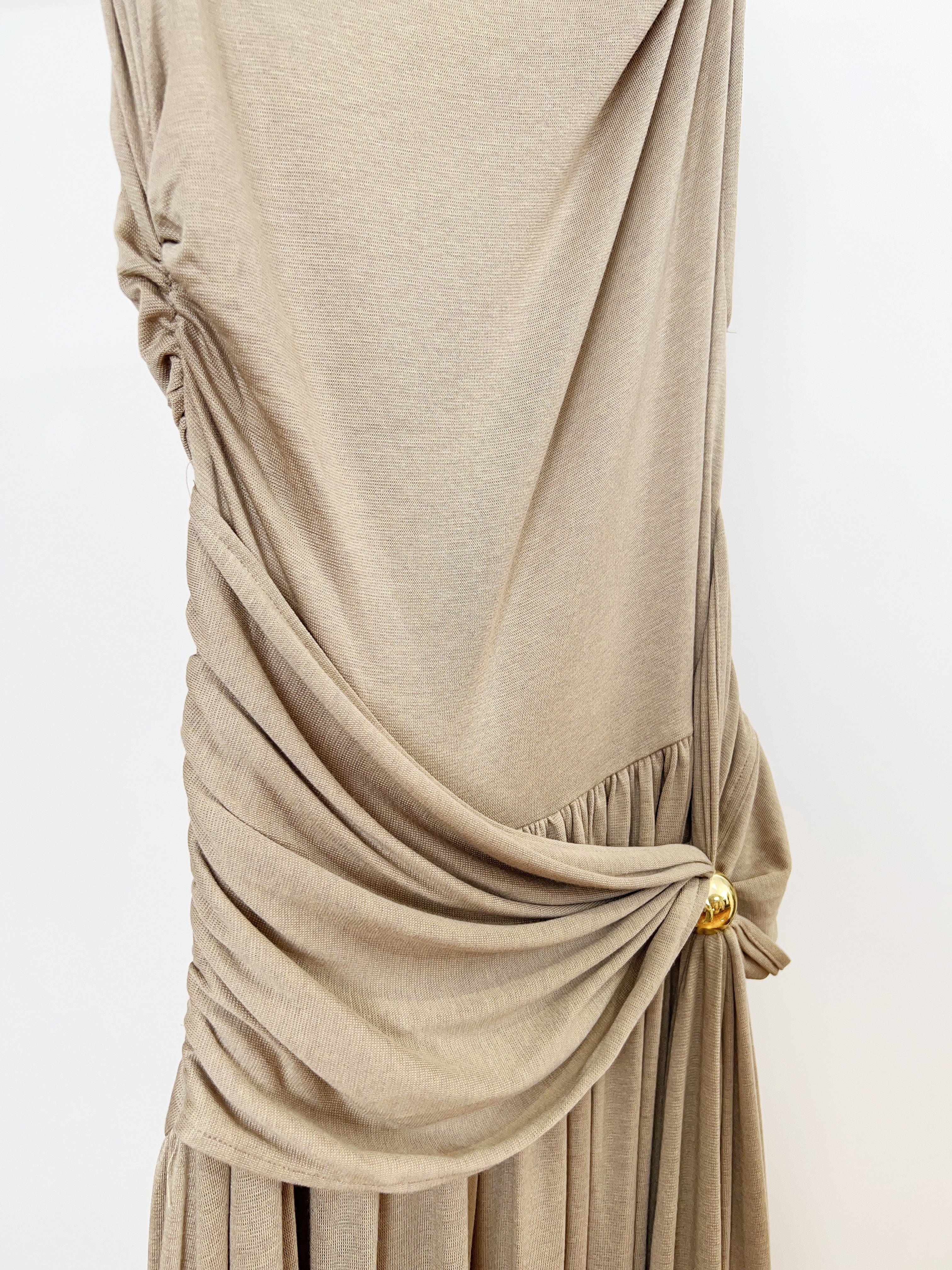 Vintage One Shoulder Gold Beaded Satin Maxi Dress