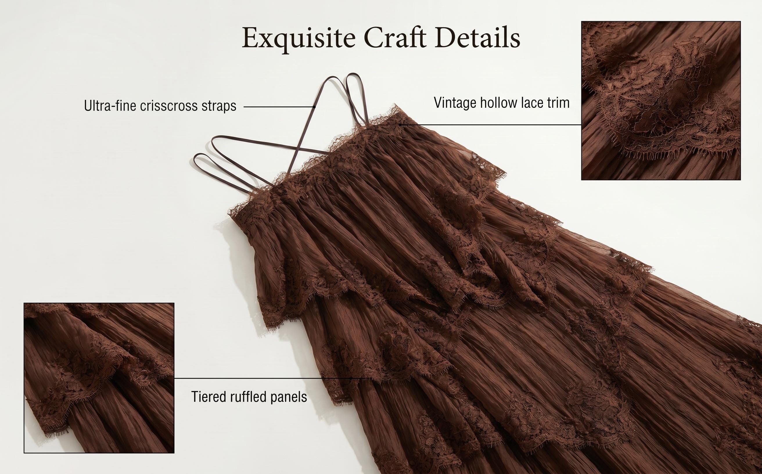 Caramel Brown Multi-layer Ruffle Spaghetti Strap Flared Maxi Dress