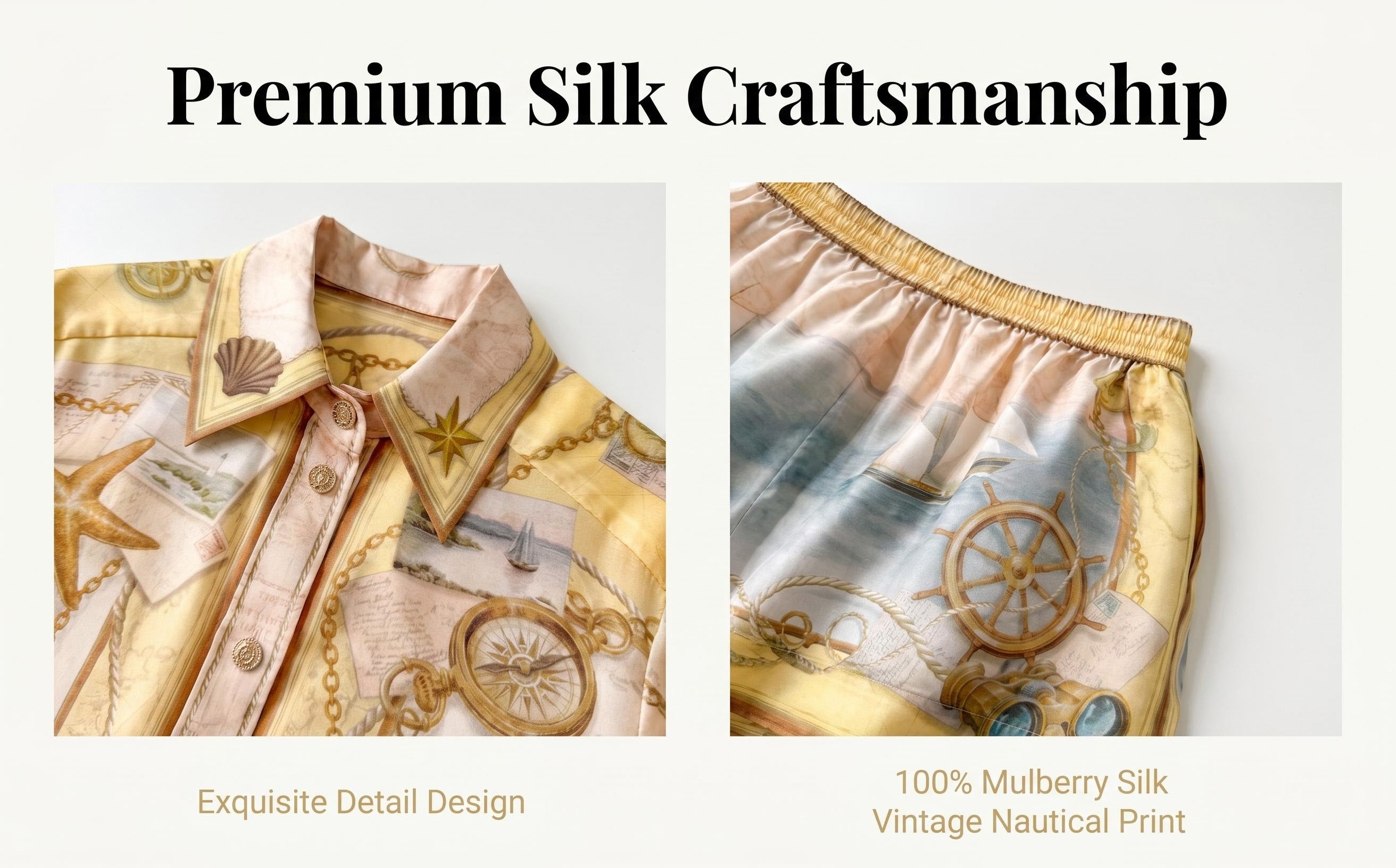 Yellow Tone Nautical Print Collared Shirt &Shorts Two Piece Set