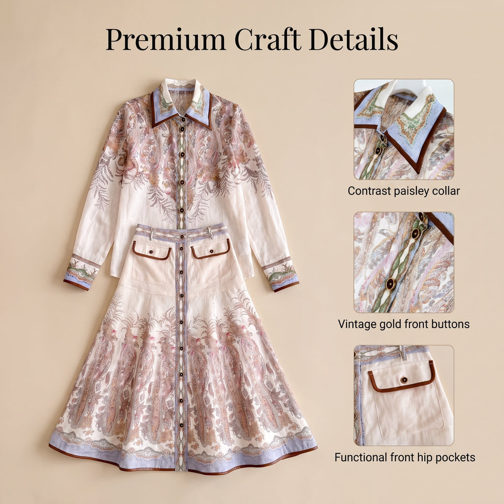 The Alchemy Body Shirt&Midi skirt in Cream Paisley Two-Piece Set