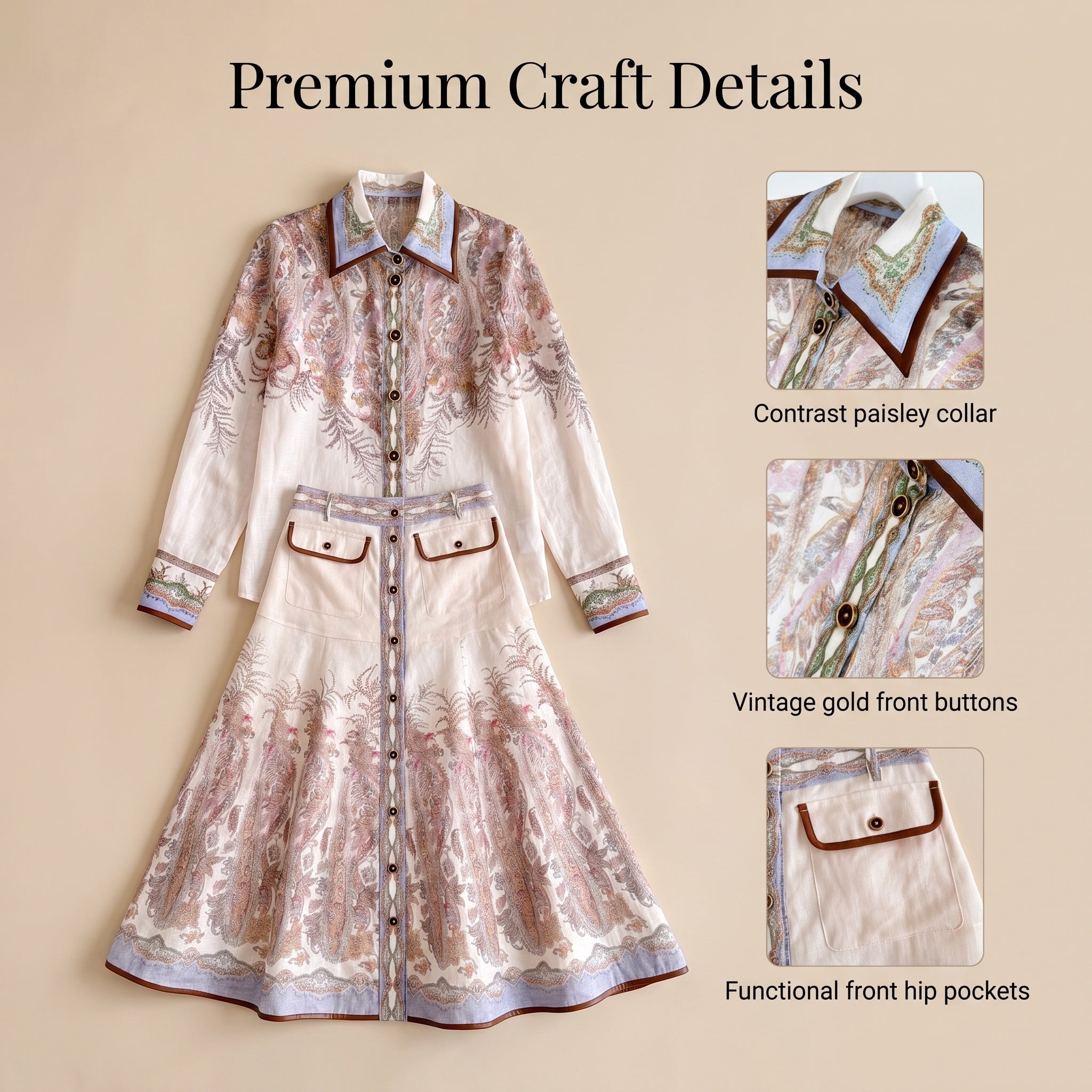 The Alchemy Body Shirt&Midi skirt in Cream Paisley Two-Piece Set
