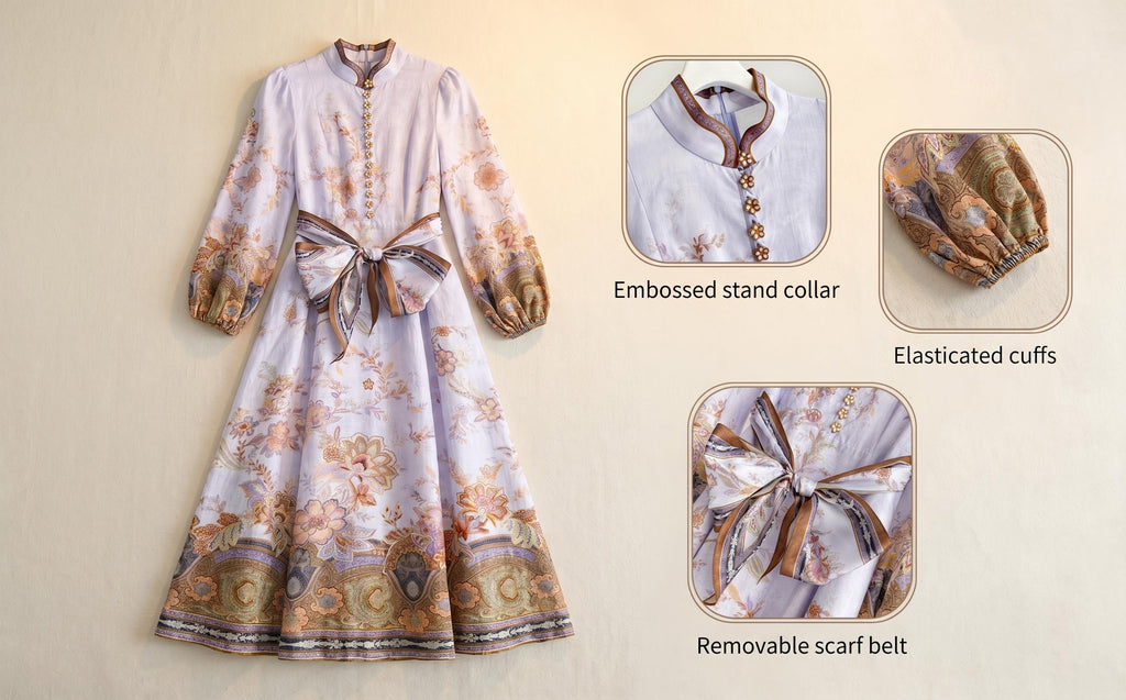 Vintage Floral Mandarin Collar Belted Midi Dress