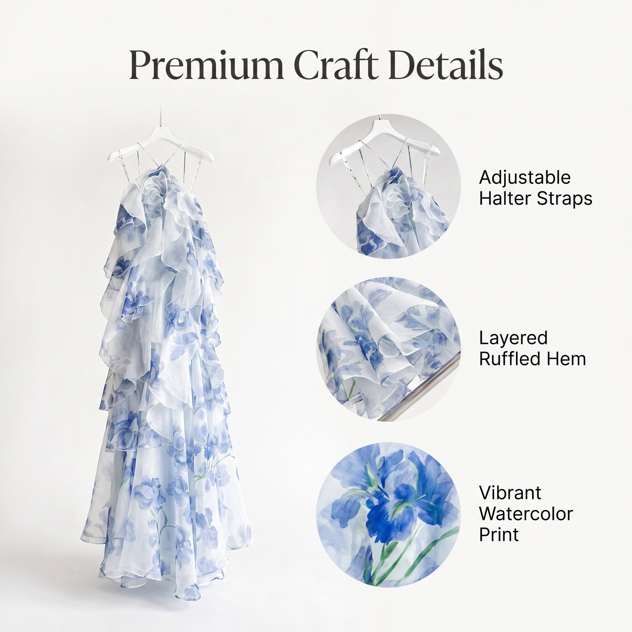 Withe Base Blue Ink Floral Print Tiered Ruffle Tulip Hem Maxi Dress