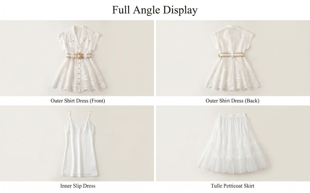 Island Vacation Embroidered Waist-Cinching Lapel Shirt Dress