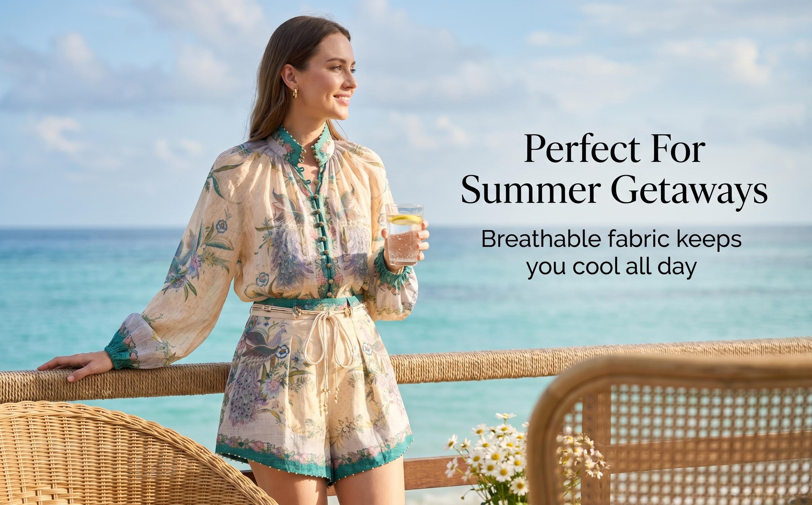 The Indra Billow Blouse Short in Cream Scarf Floral Two piece Set