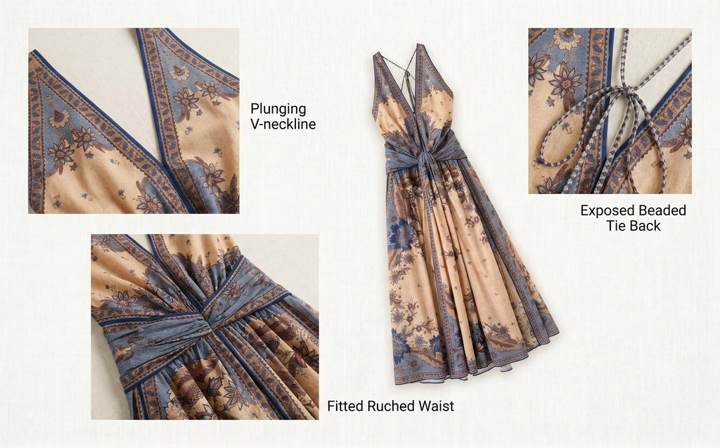 The Ascension Plunge Halter Maxi in Blue/Cream Indienne Floral