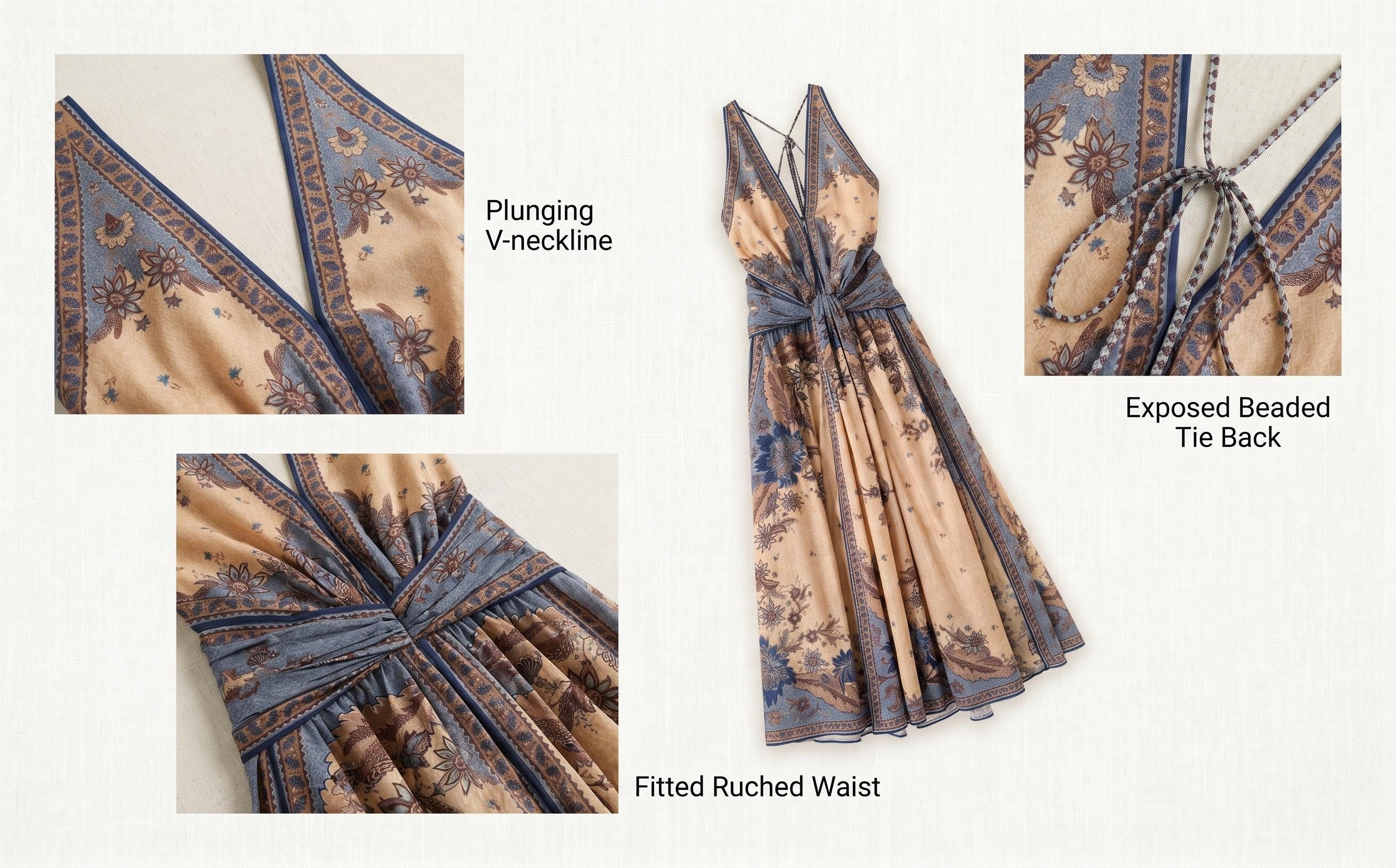 The Ascension Plunge Halter Maxi in Blue/Cream Indienne Floral