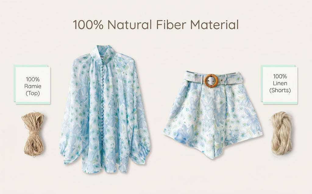Light Blue Floral Stand Collar Lantern Sleeve Two-Piece Set