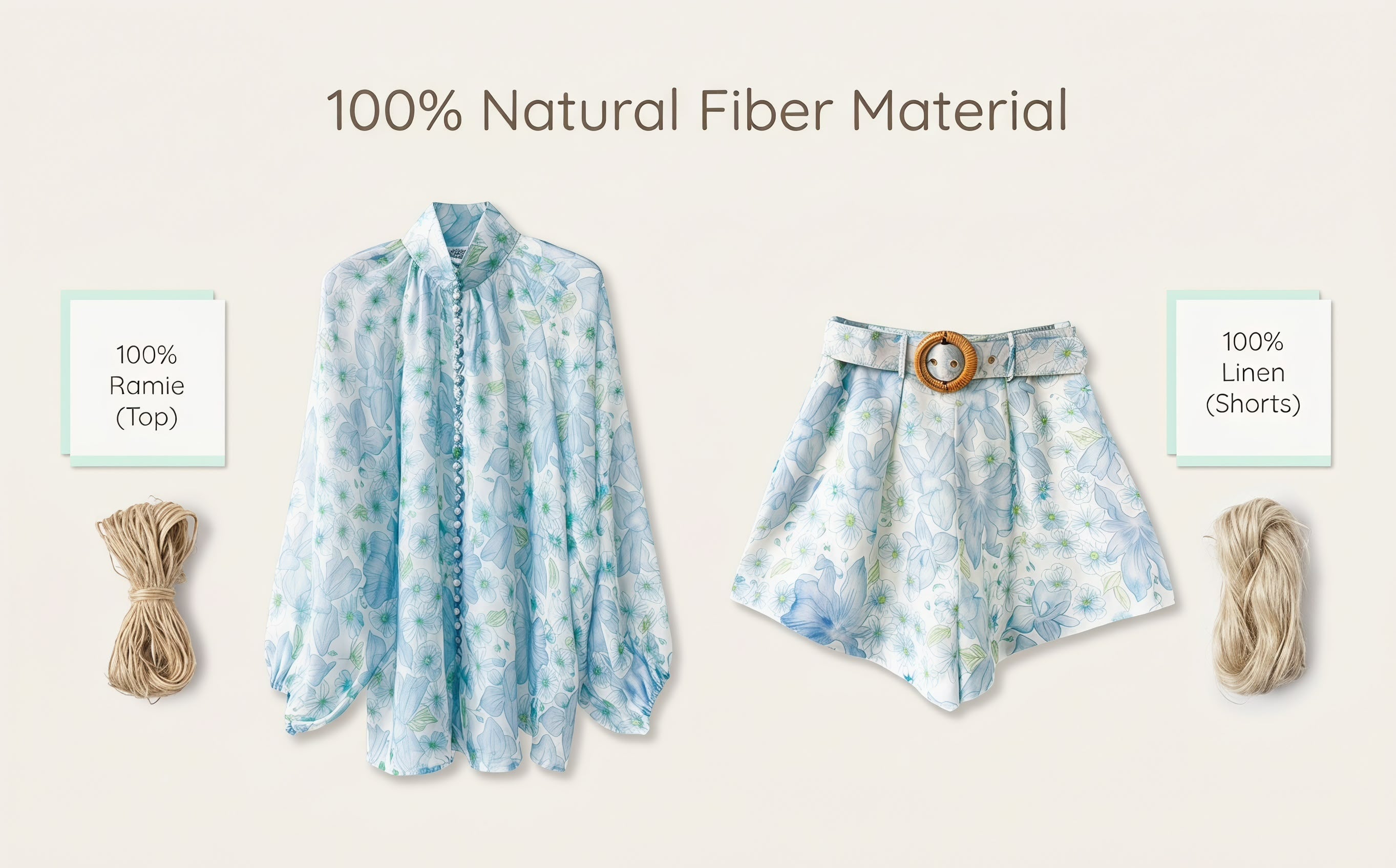Light Blue Floral Stand Collar Lantern Sleeve Two-Piece Set