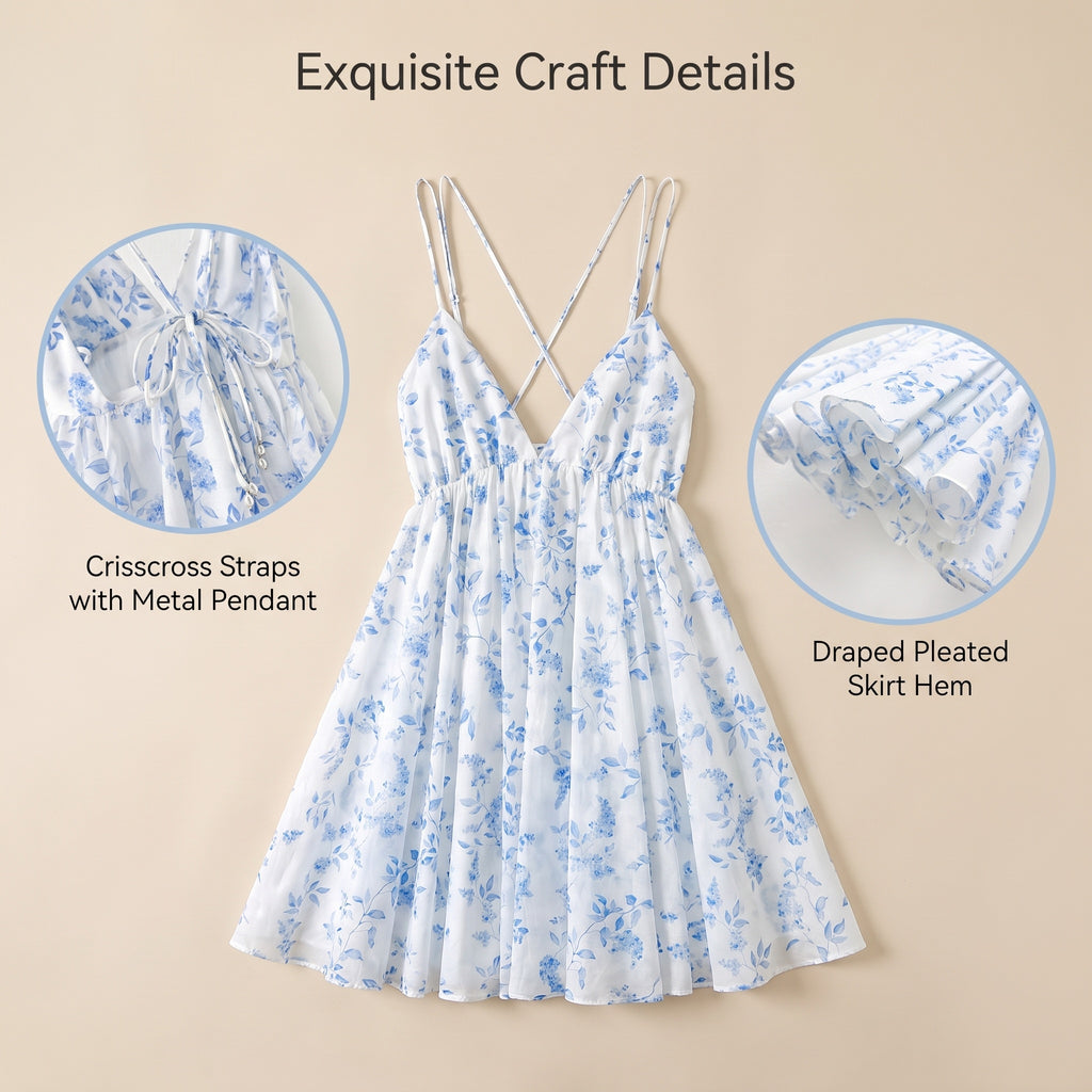 Light Blue White Tiny Floral Print V-Neck Camisole Mini Dress