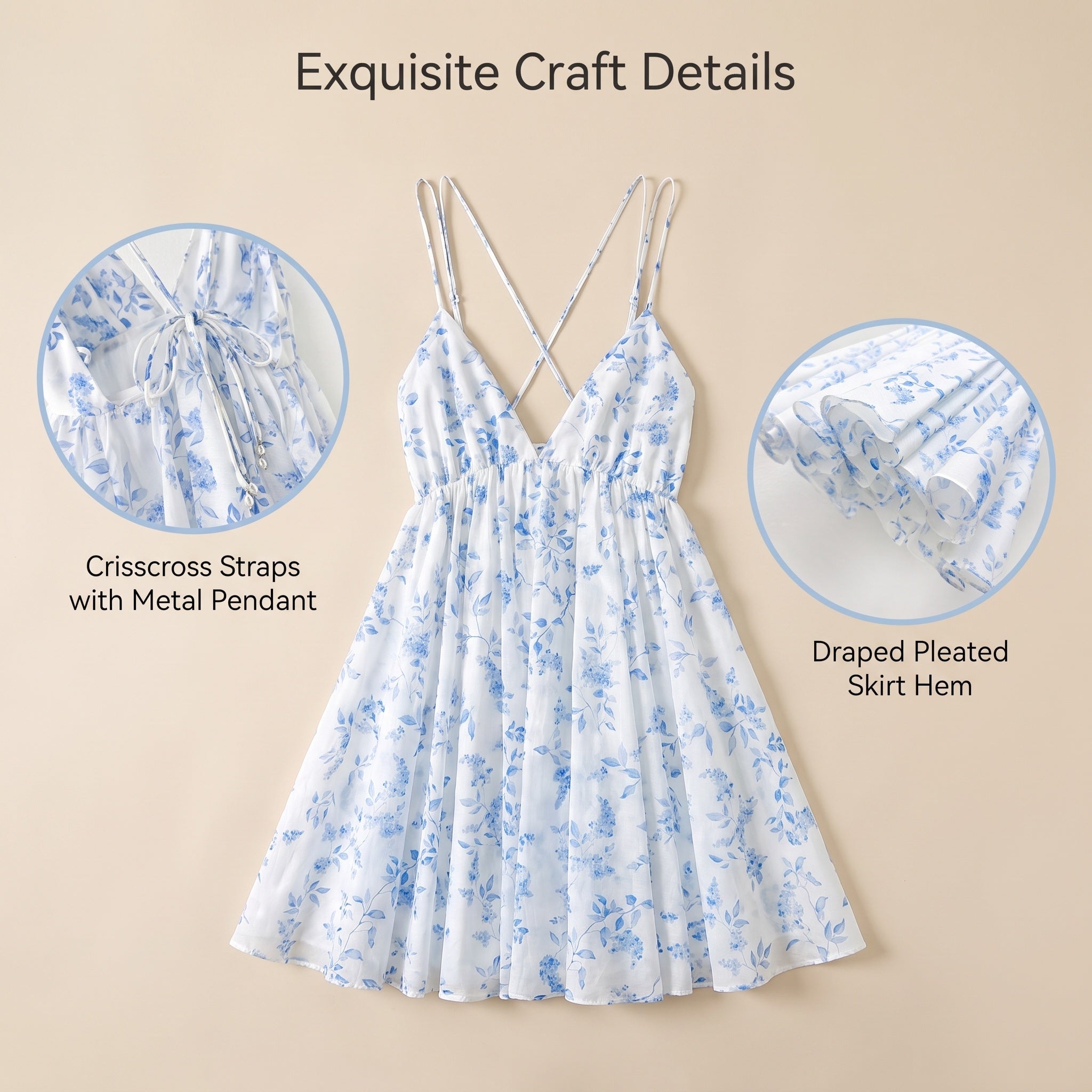 Light Blue White Tiny Floral Print V-Neck Camisole Mini Dress