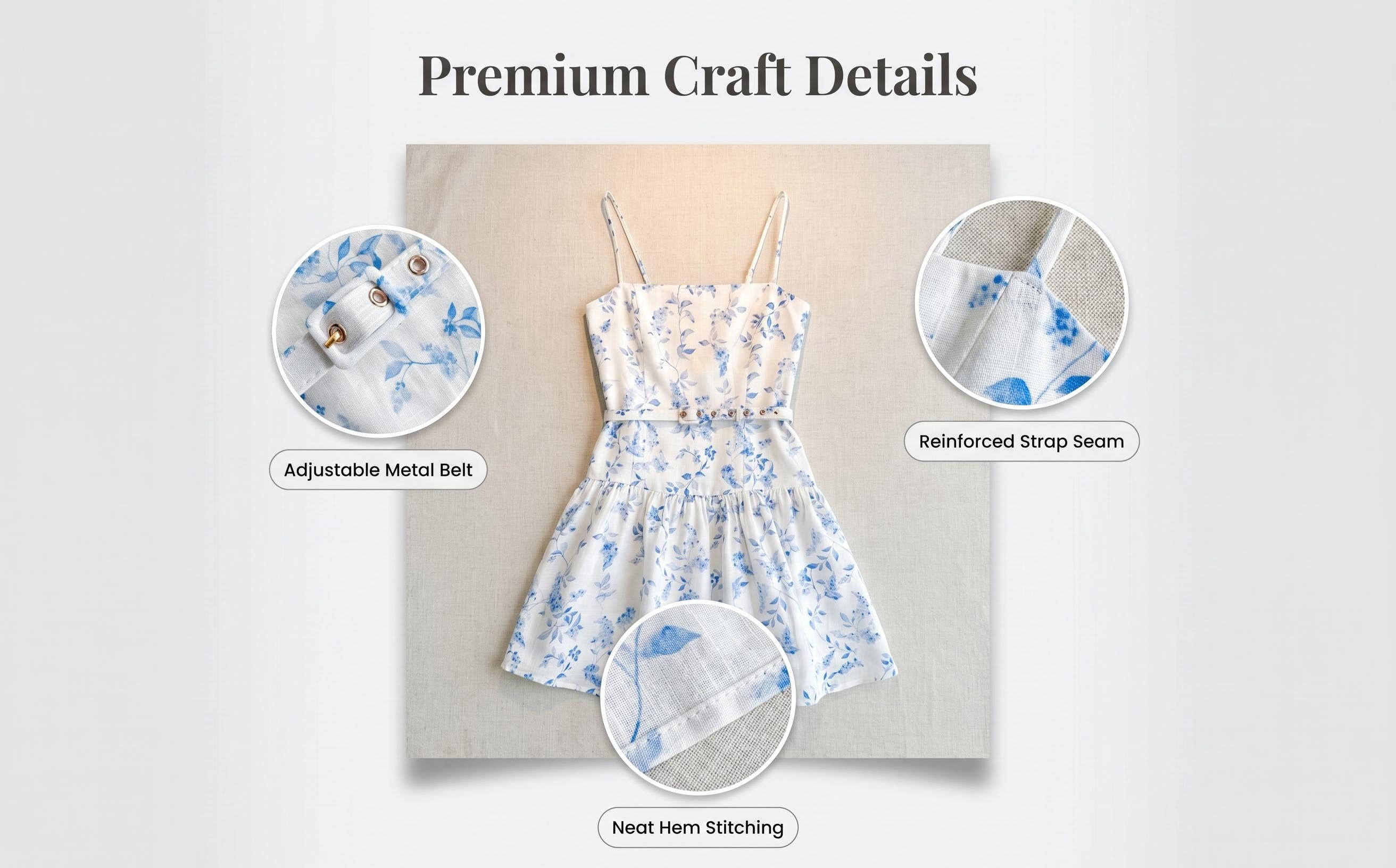 White Base Blue Small Floral Print Belted Camisole Mini Dress