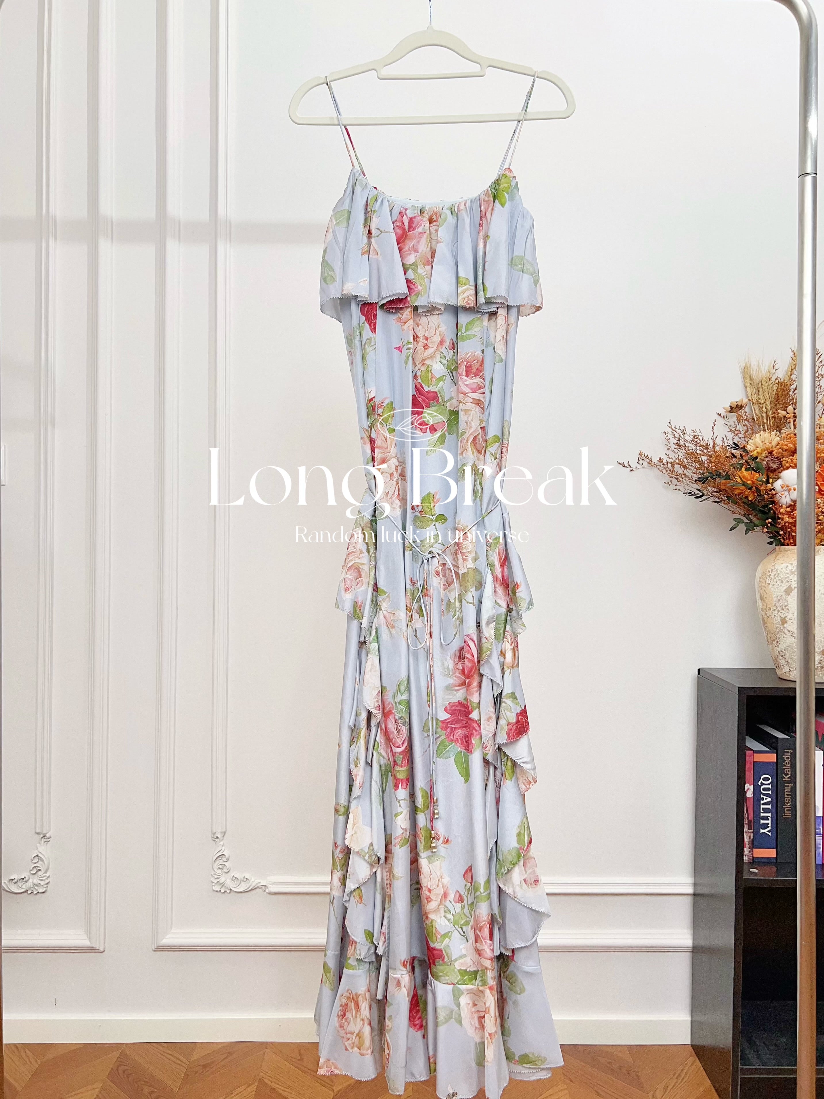 Light White Base Rose Floral Spaghetti Strap Maxi Dress