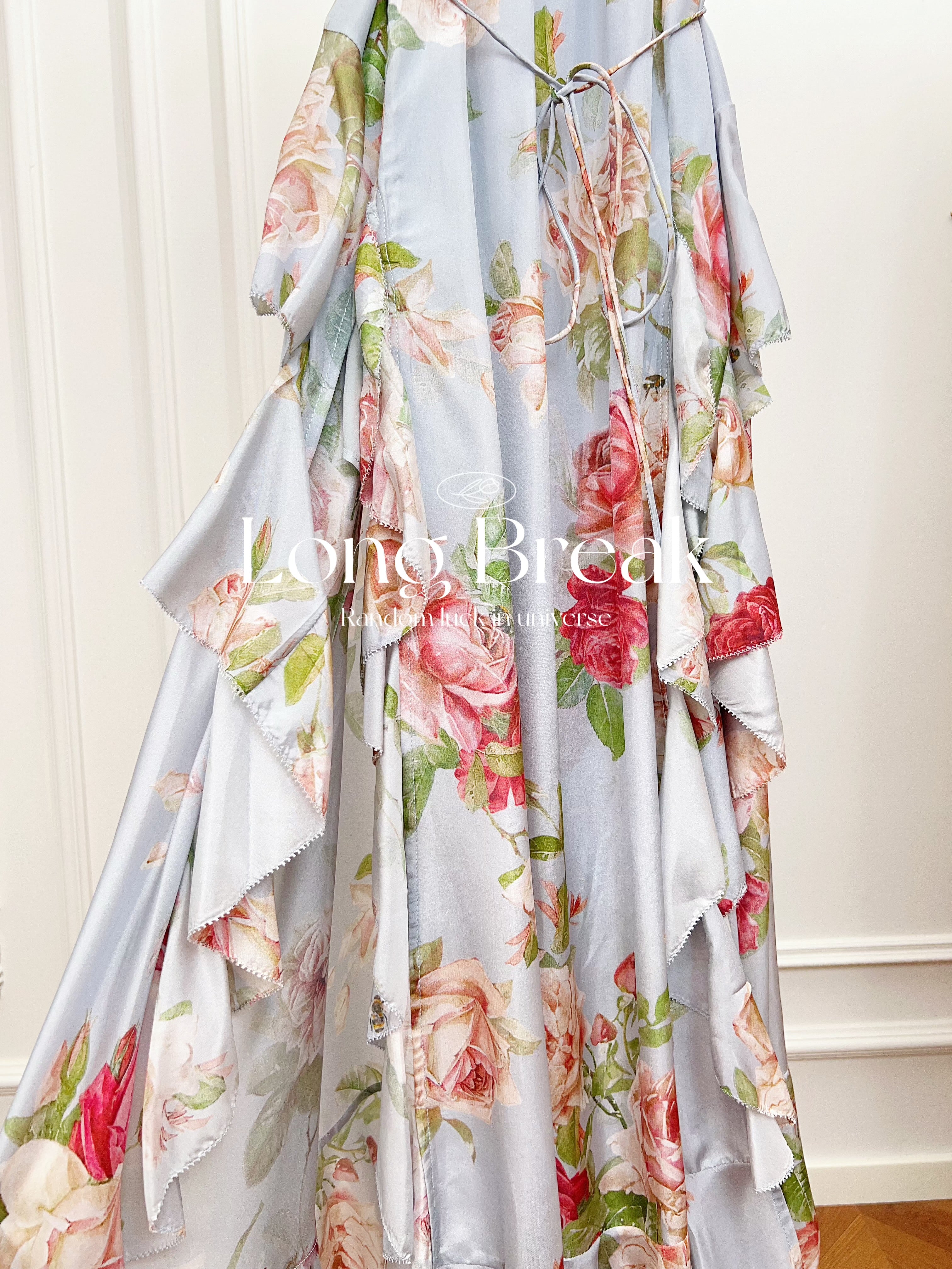 Light White Base Rose Floral Spaghetti Strap Maxi Dress