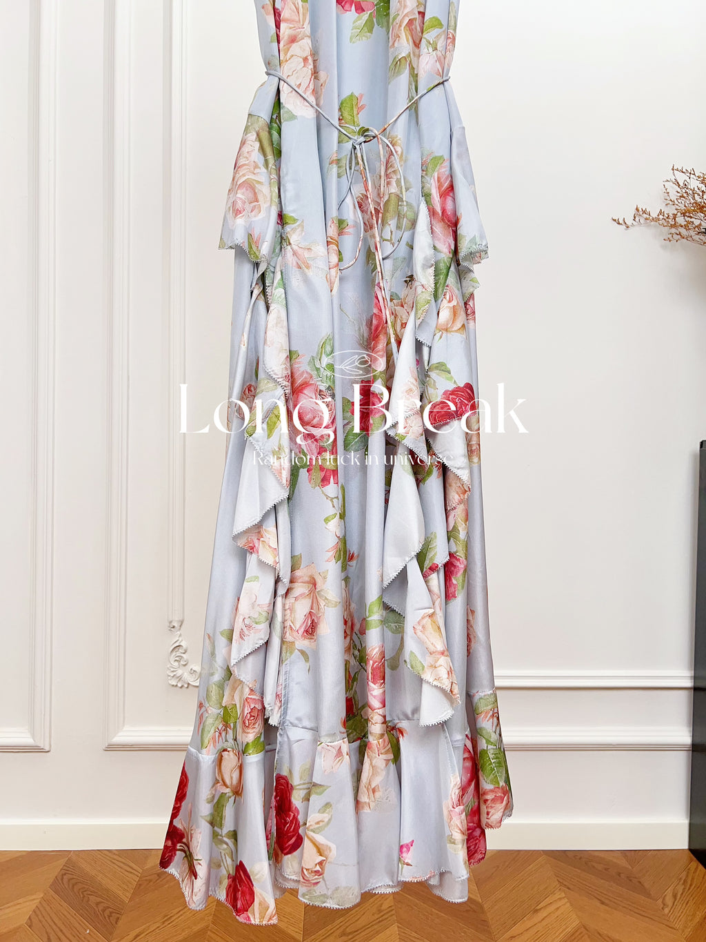 Light White Base Rose Floral Spaghetti Strap Maxi Dress