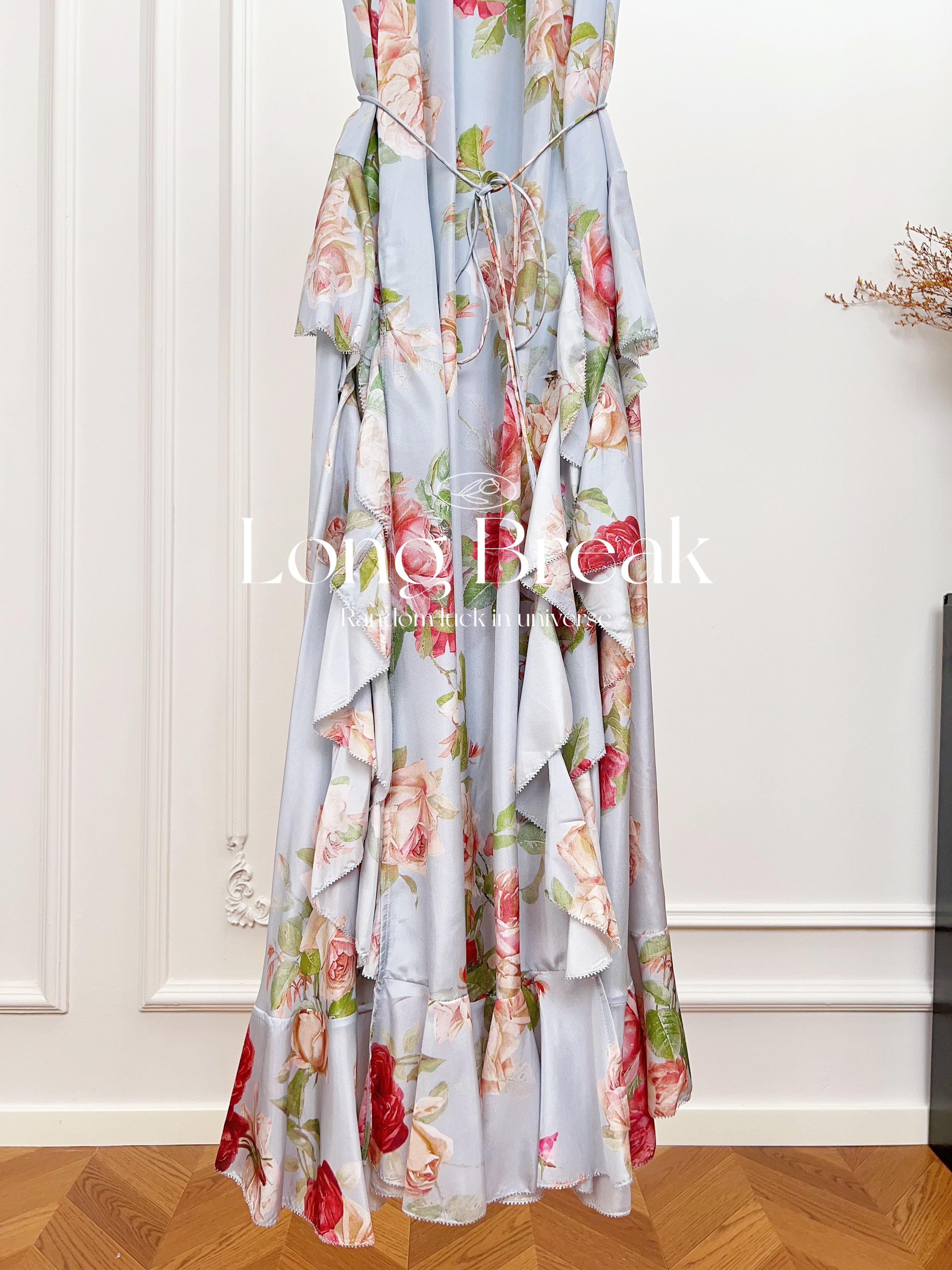 Light White Base Rose Floral Spaghetti Strap Maxi Dress