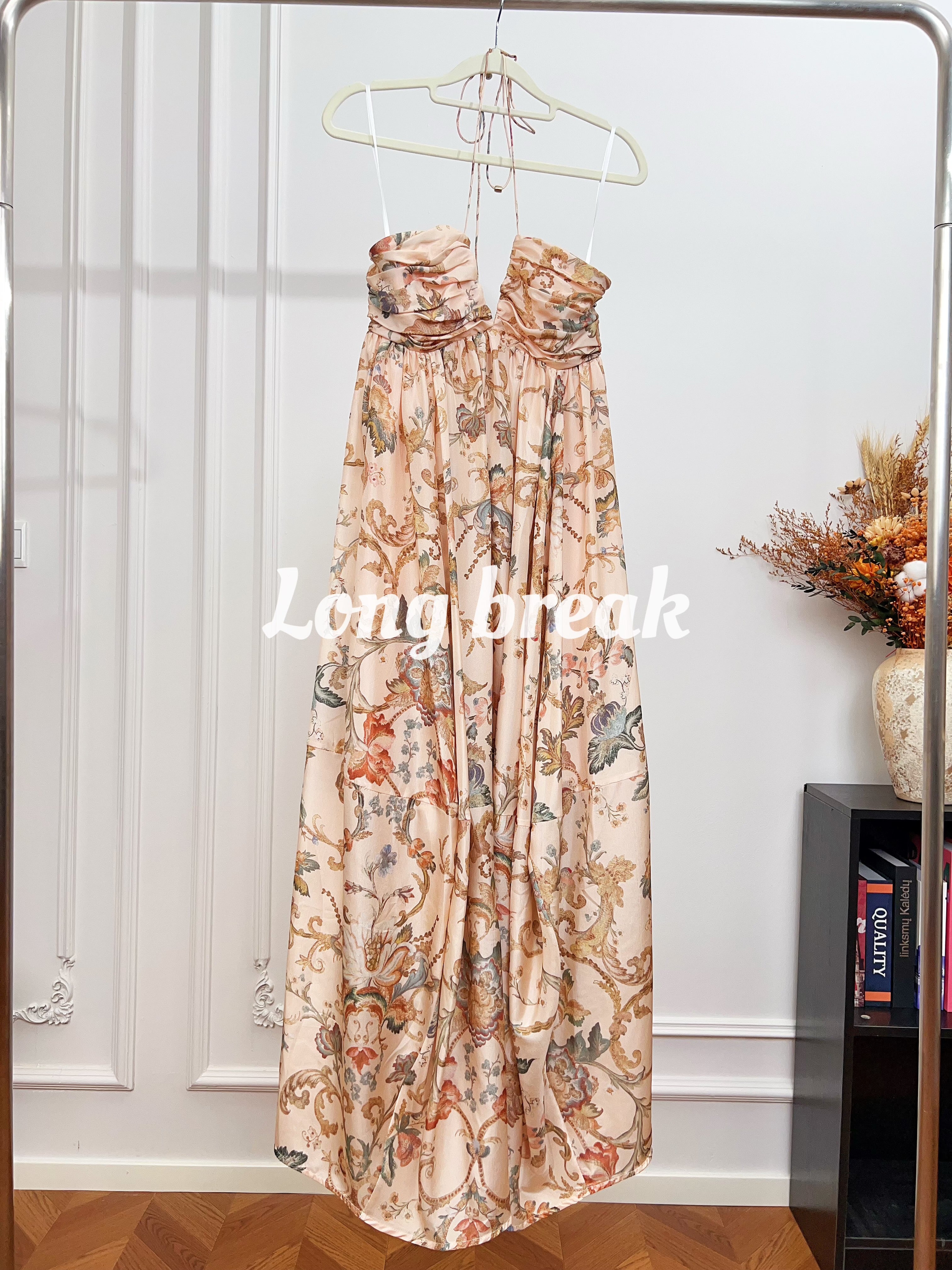 Vintage Brown Floral Spaghetti Strap Maxi Dress