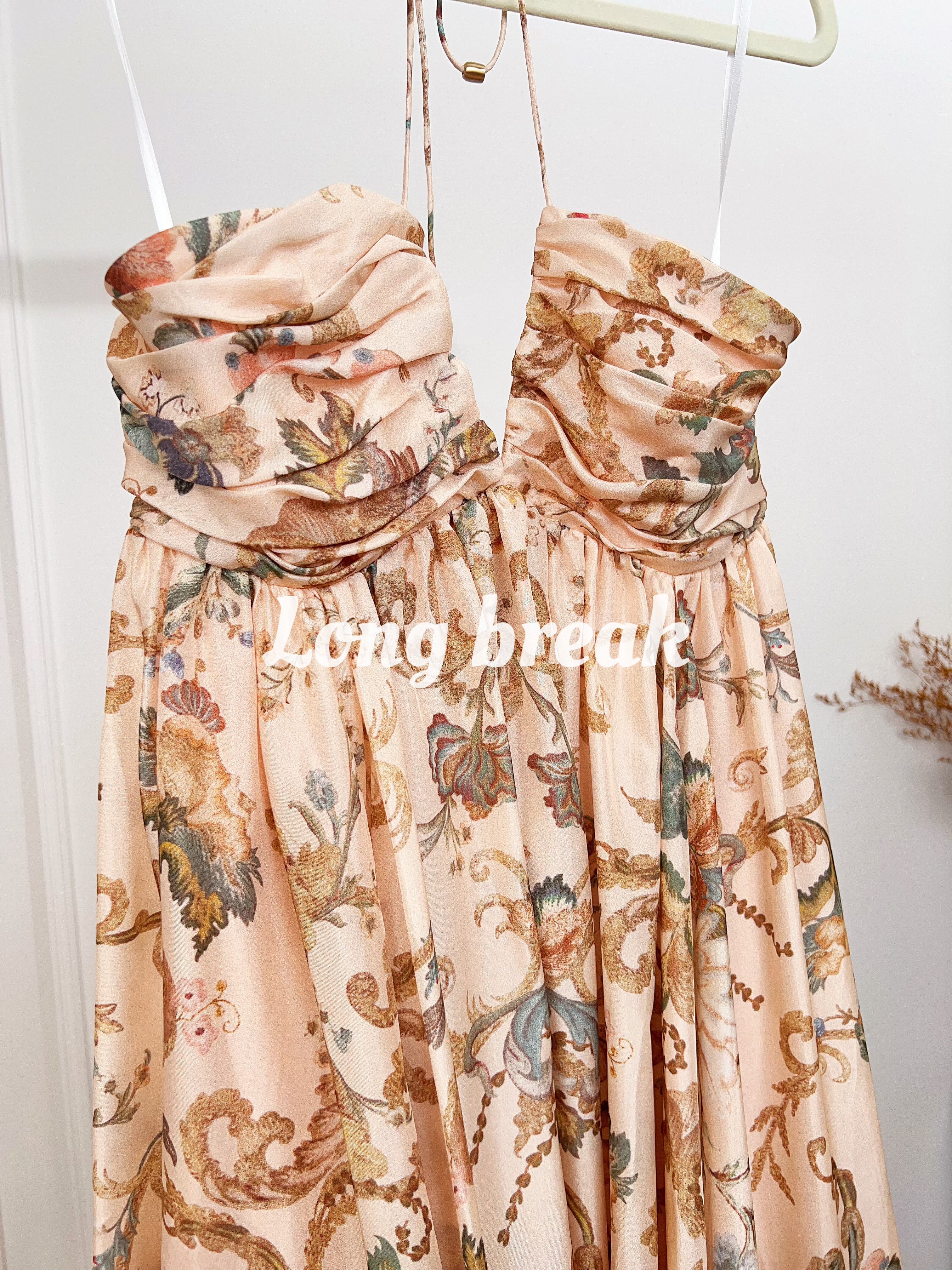 Vintage Brown Floral Spaghetti Strap Maxi Dress