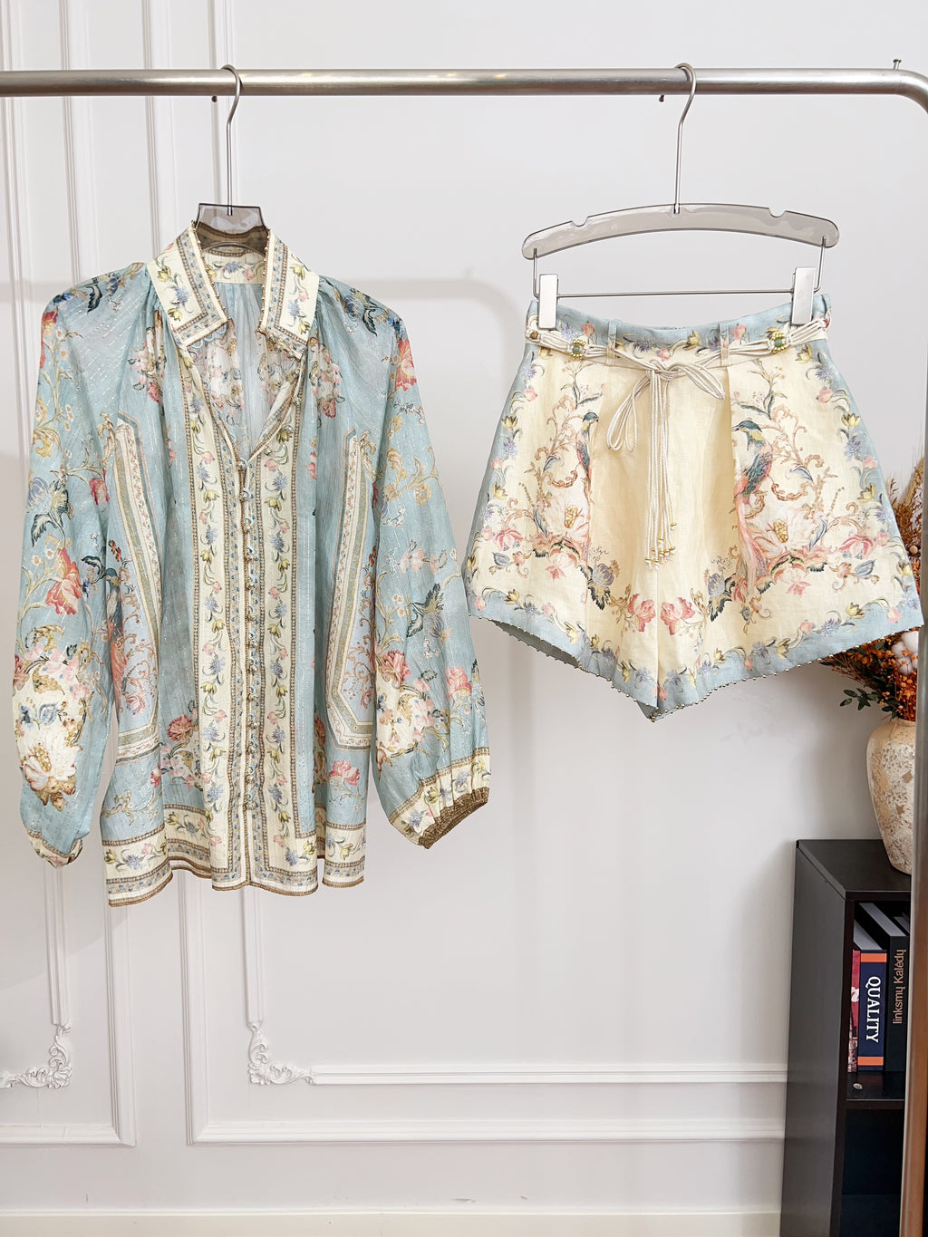 Vintage Pastel Blue Floral Print Matching Two Piece Set