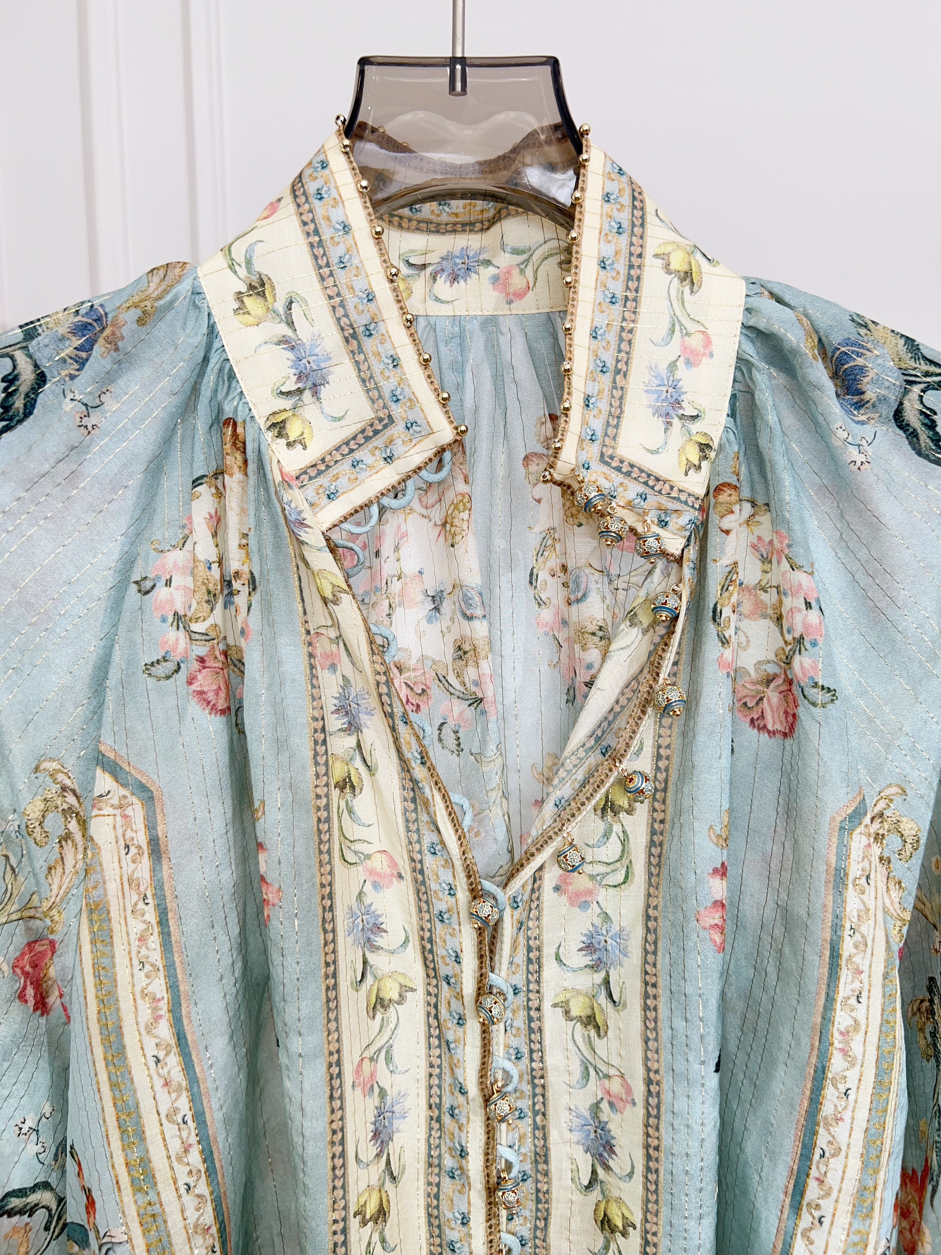 Vintage Pastel Blue Floral Print Matching Two Piece Set