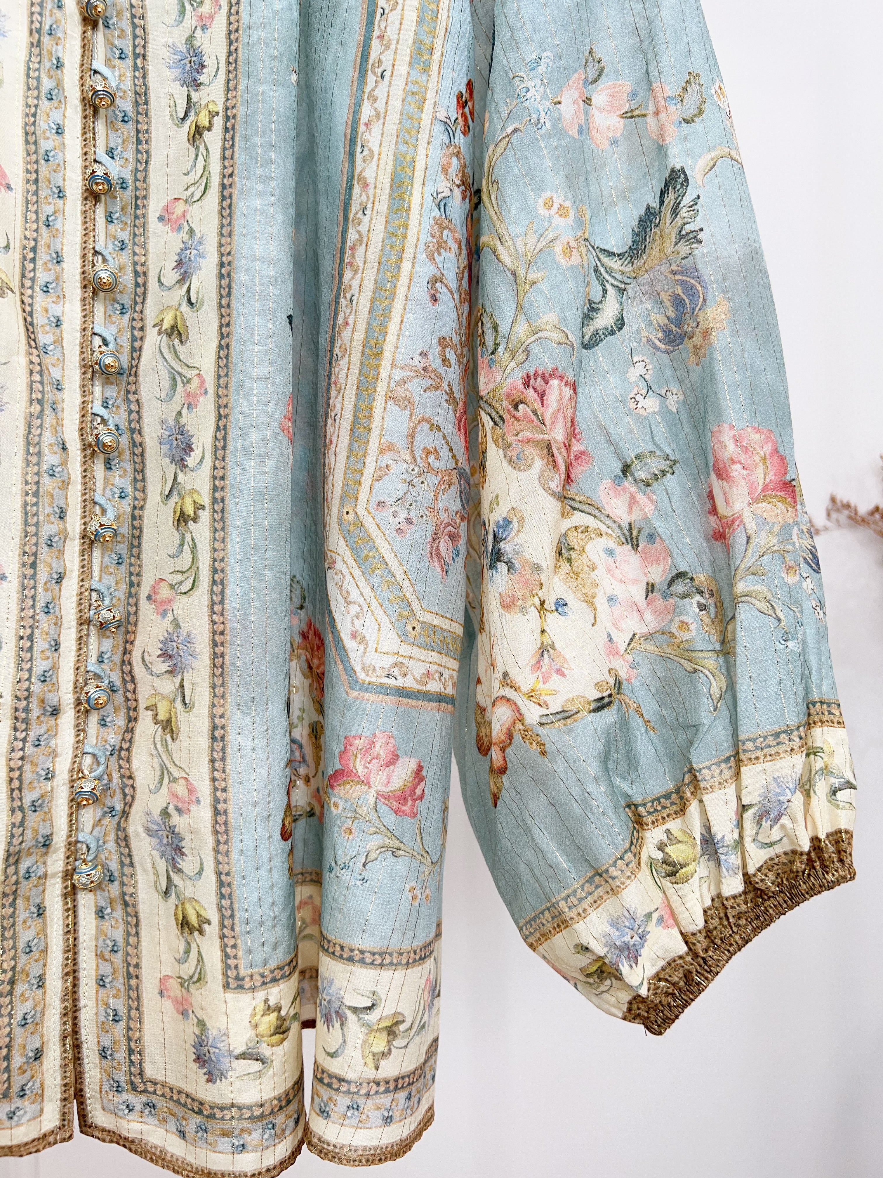 Vintage Pastel Blue Floral Print Matching Two Piece Set