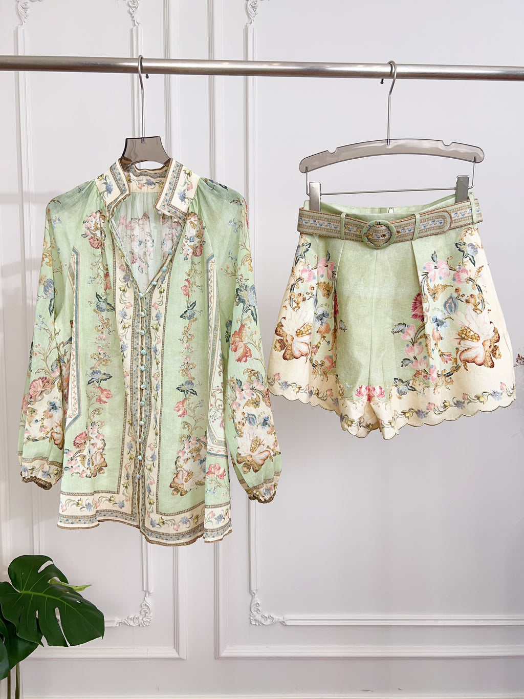 Pastel Light Green Floral Print Long Sleeve Two Piece Set