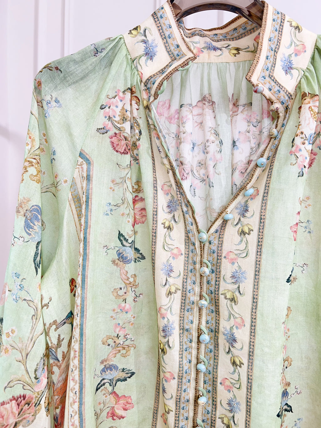 Pastel Light Green Floral Print Long Sleeve Two Piece Set