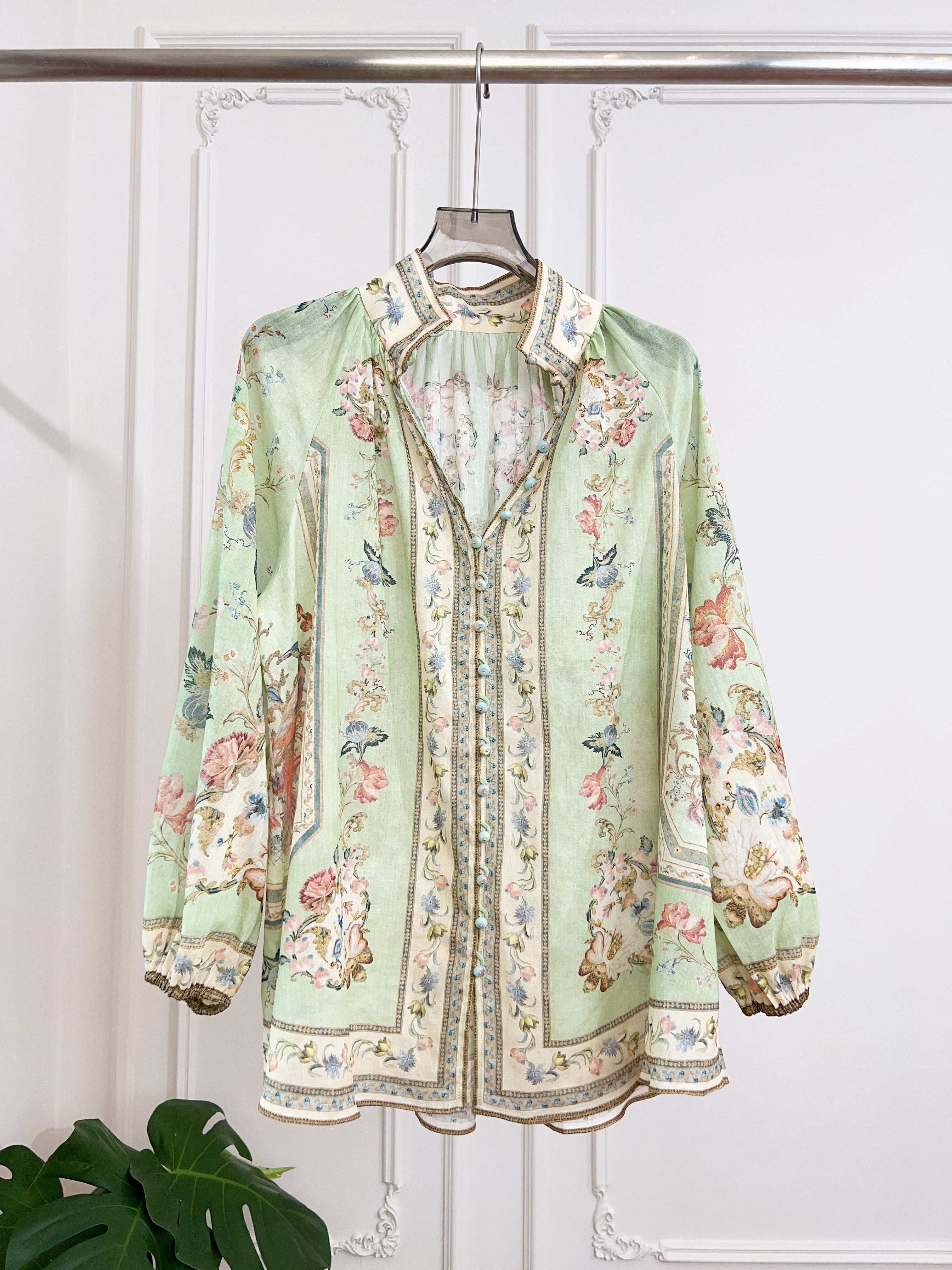 Pastel Light Green Floral Print Long Sleeve Two Piece Set