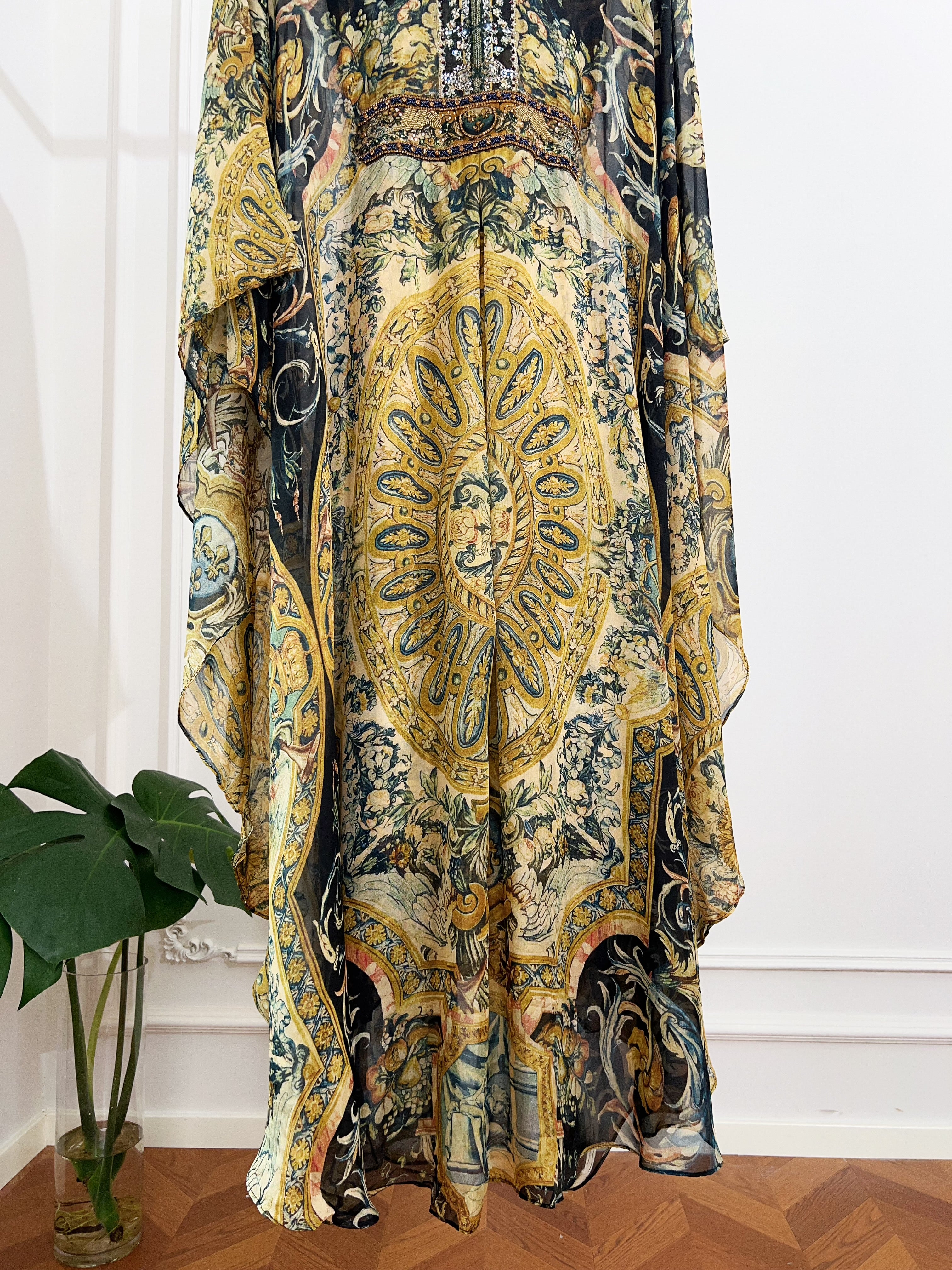 Vintage Yellow Base Vintage Floral Long Sleeve Maxi Dress