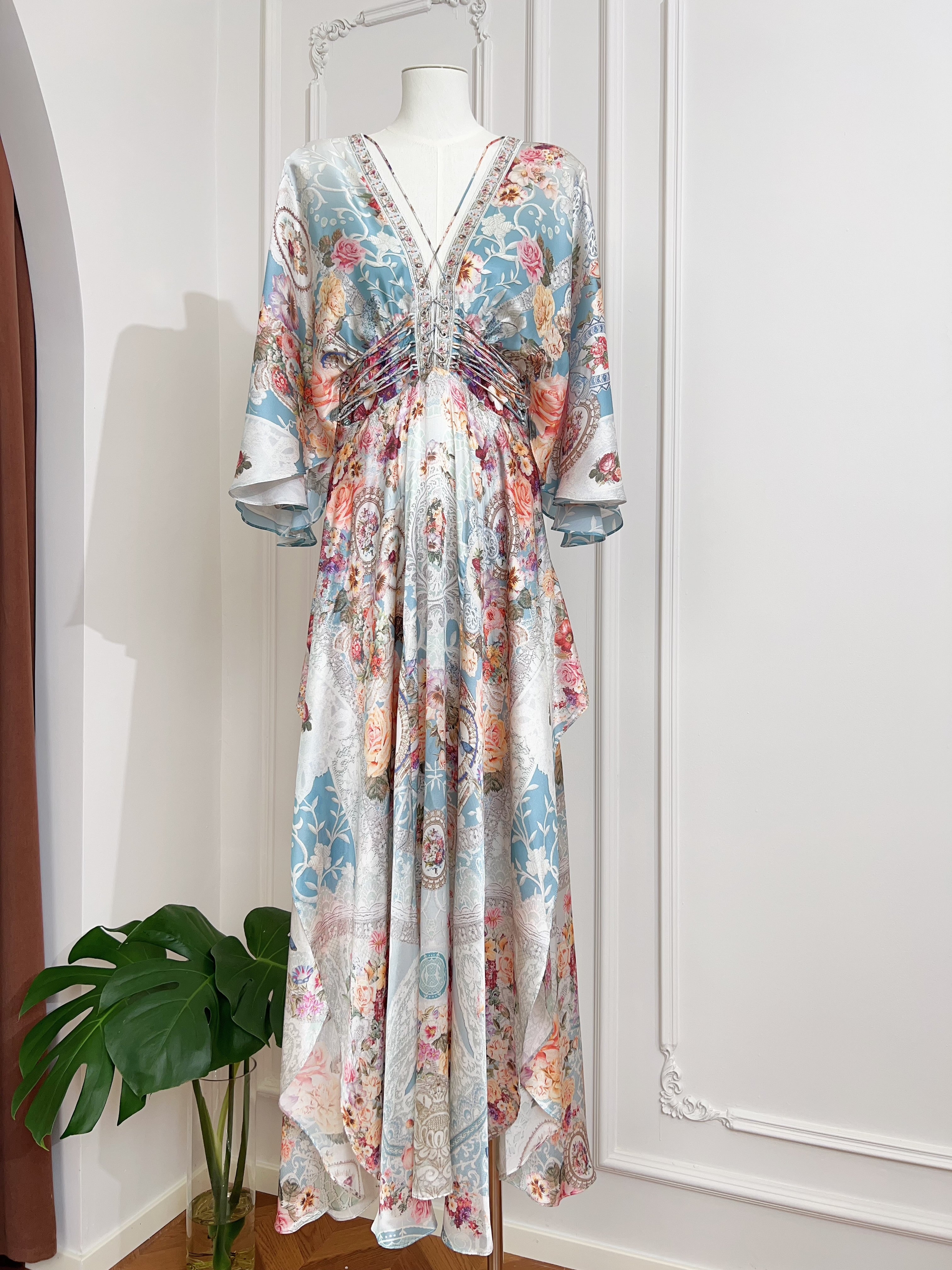 Vintage Bohemian Watercolor Floral Print Maxi Dress