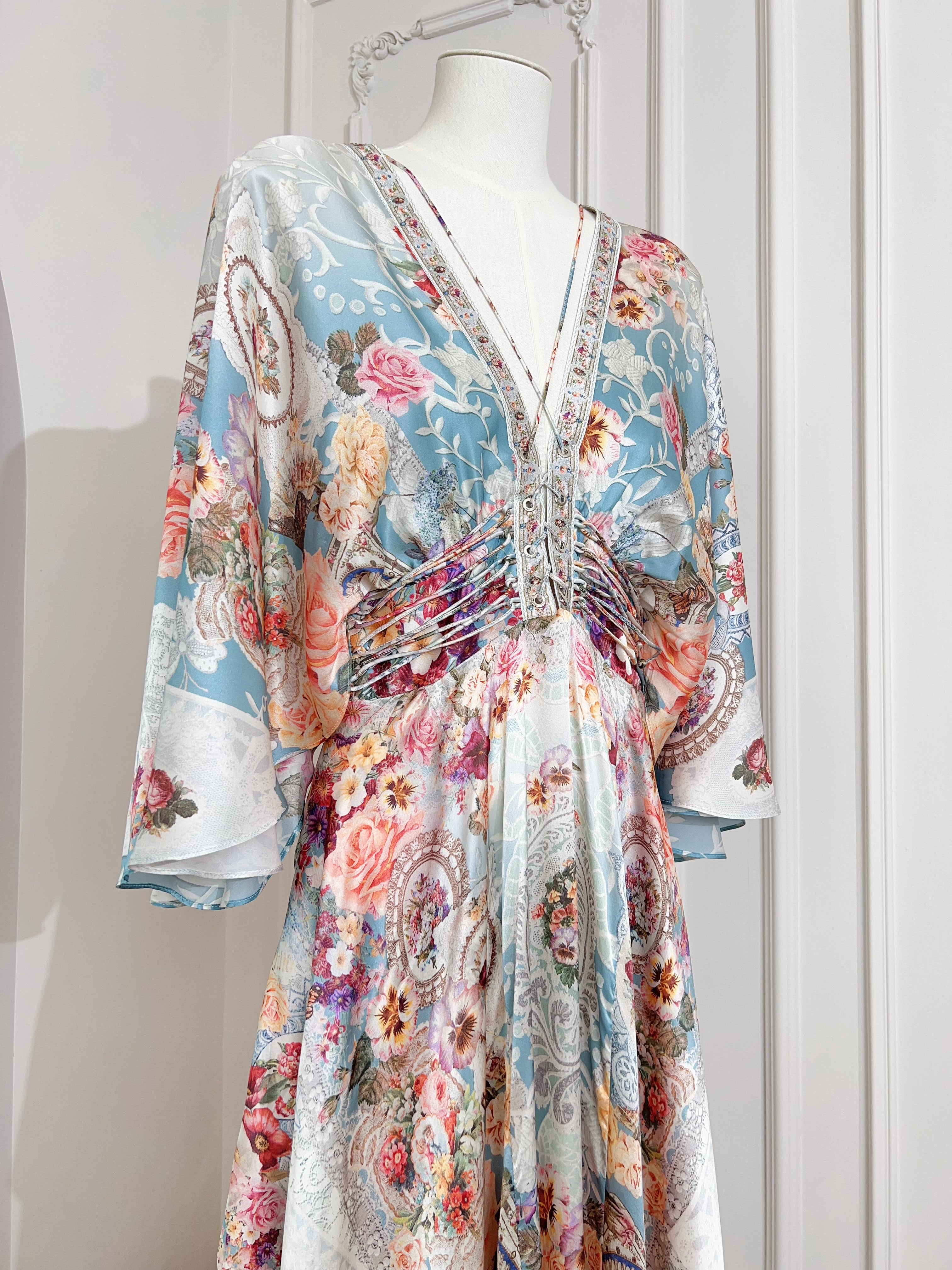 Vintage Bohemian Watercolor Floral Print Maxi Dress