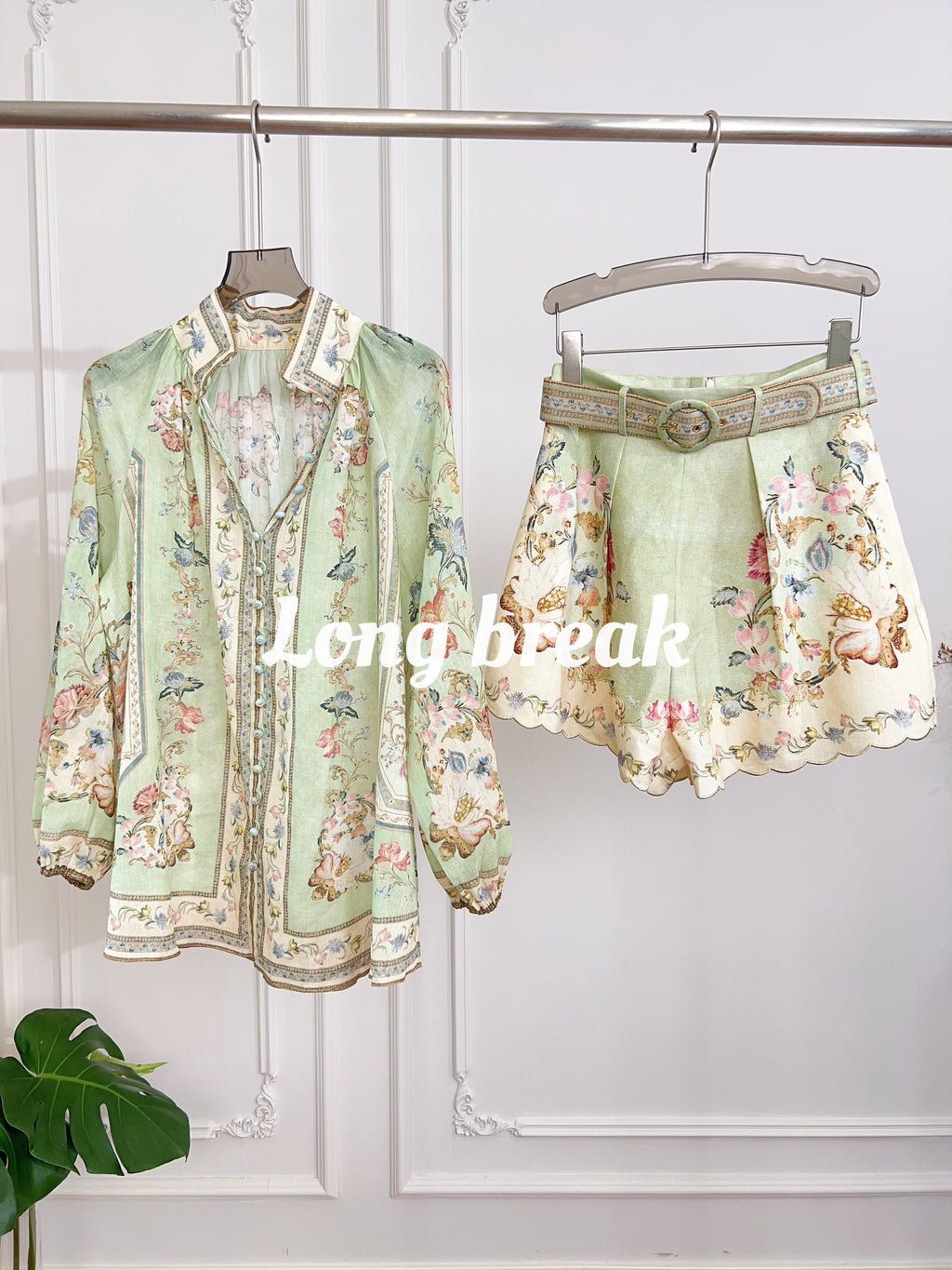Pastel Light Green Floral Print Long Sleeve Two Piece Set