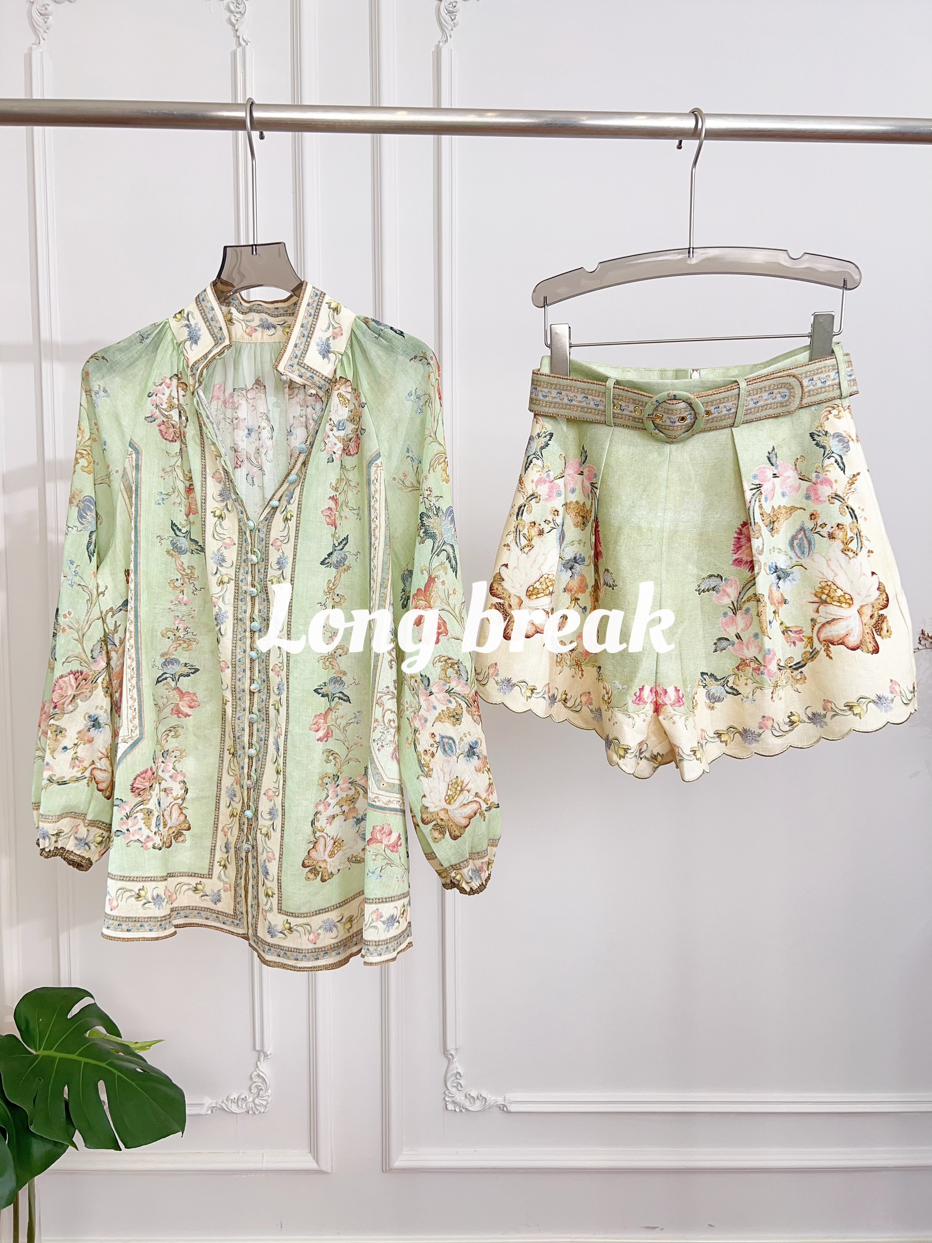 Pastel Light Green Floral Print Long Sleeve Two Piece Set