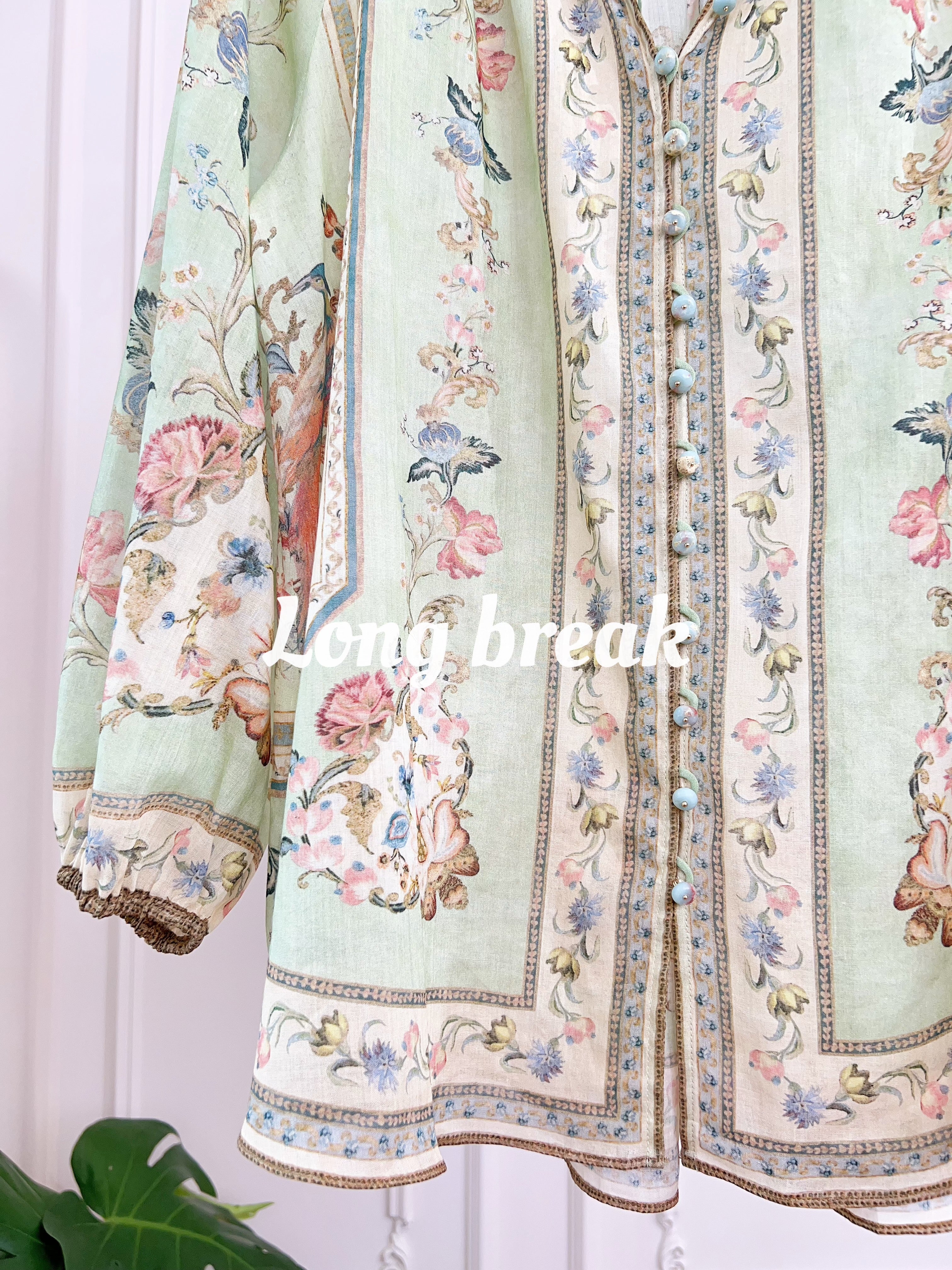 Pastel Light Green Floral Print Long Sleeve Two Piece Set