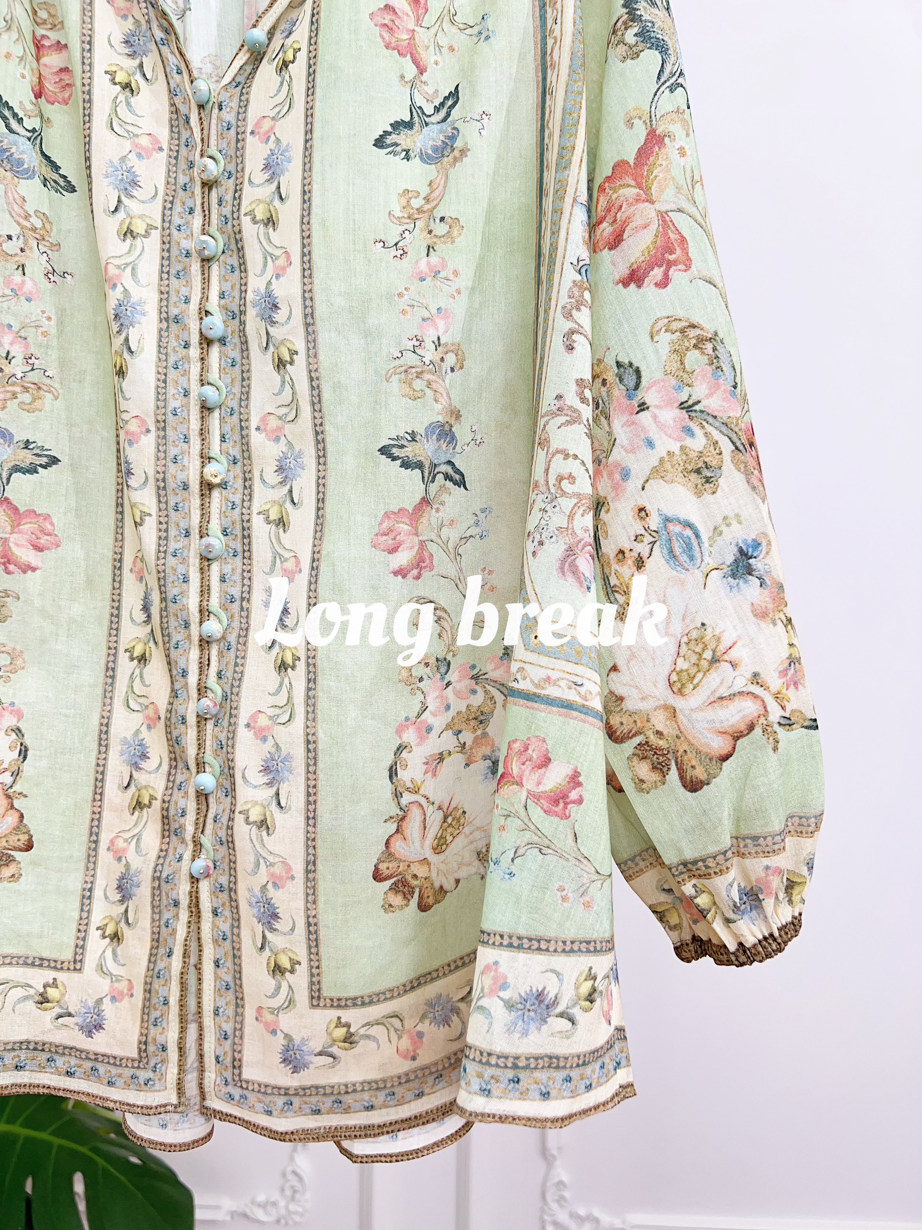 Pastel Light Green Floral Print Long Sleeve Two Piece Set