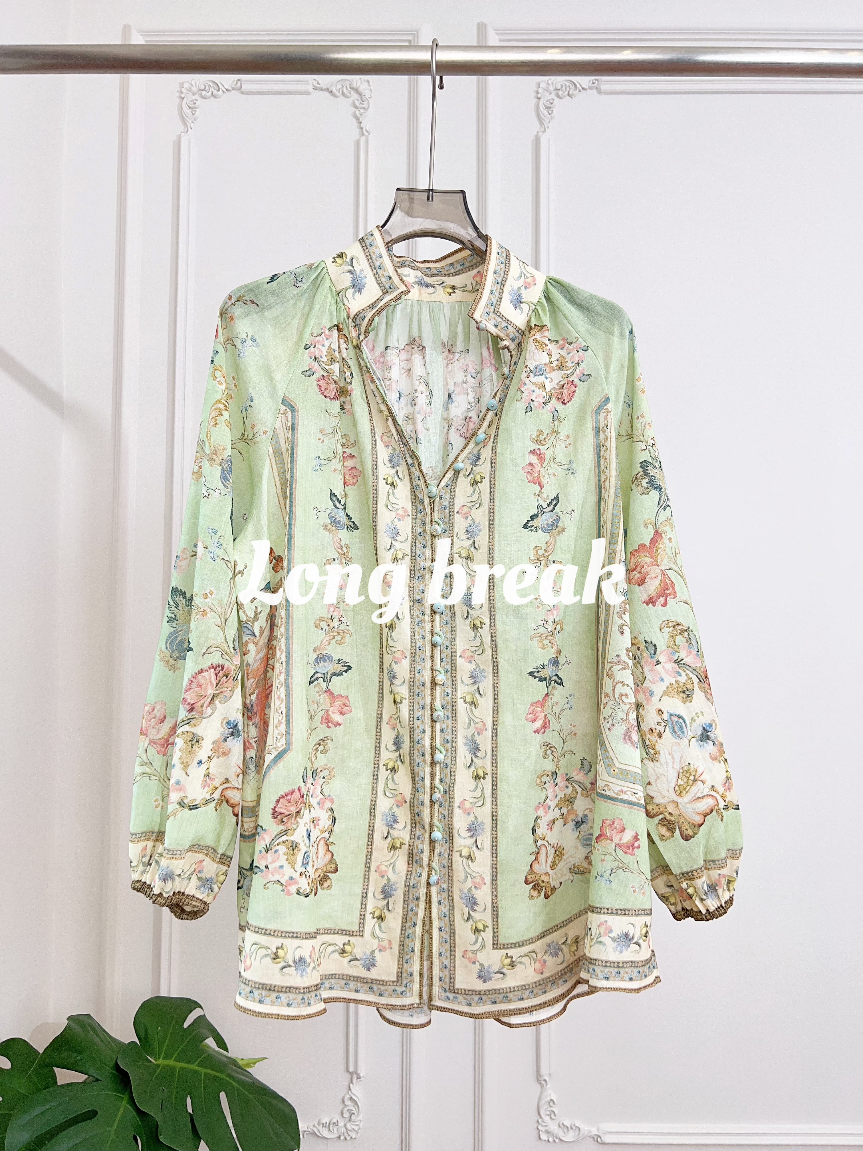 Pastel Light Green Floral Print Long Sleeve Two Piece Set