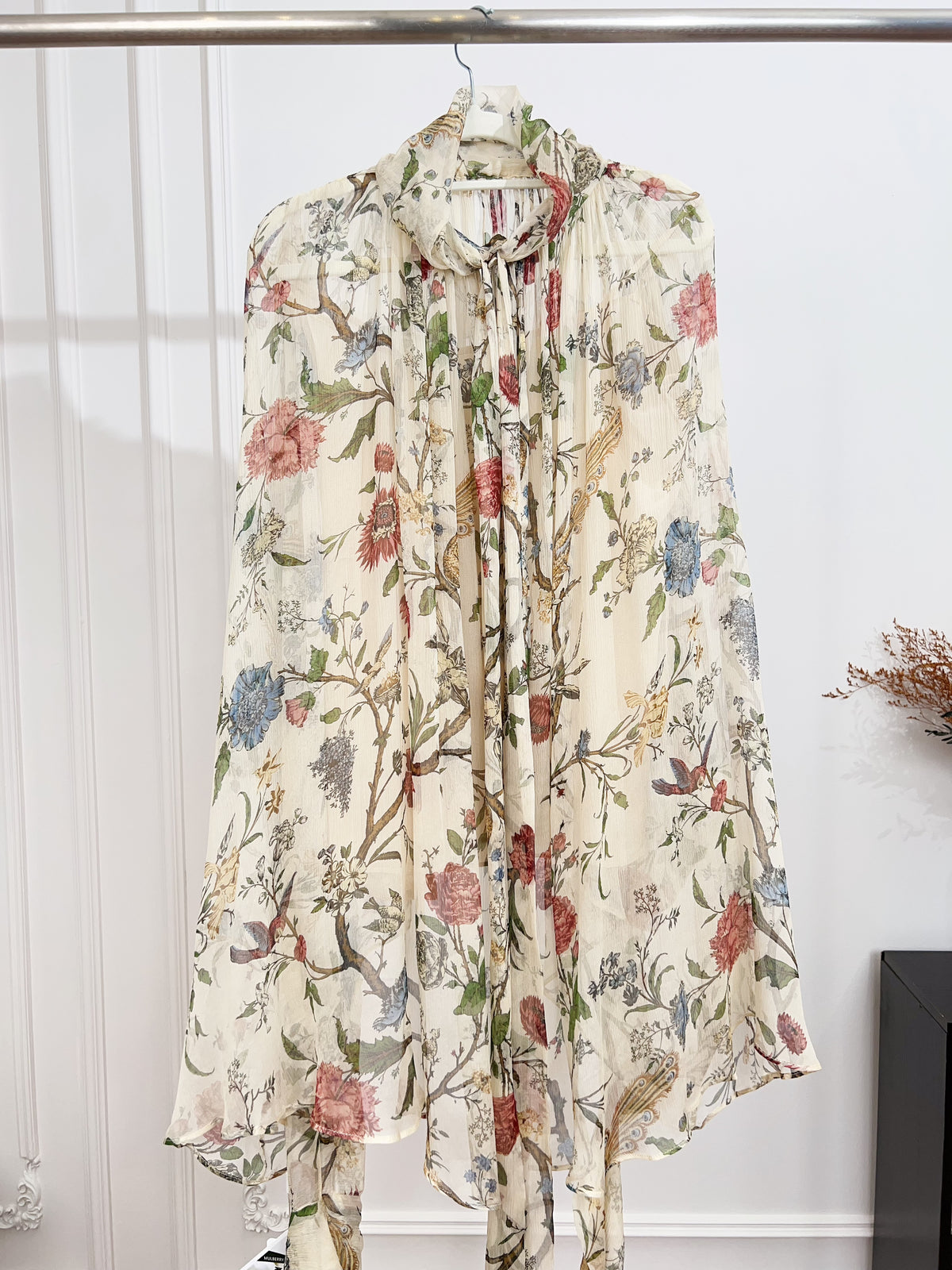French Retro Bird‑Floral Print High‑Neck Shirt, Loungewear Loose Mulberry Silk Sun‑Protection Blouse