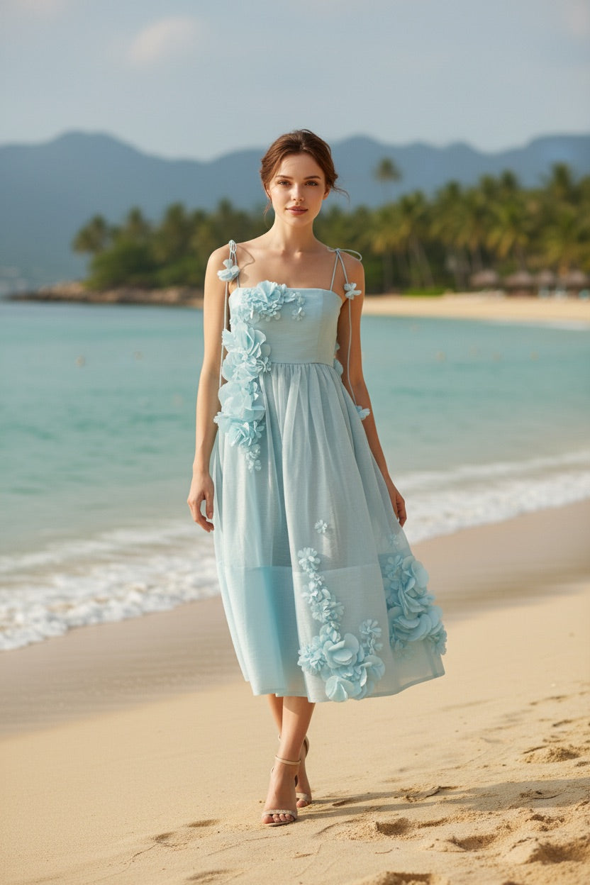 Light Blue Raised Floral Spaghetti Strap Full Swing Maxi Dress