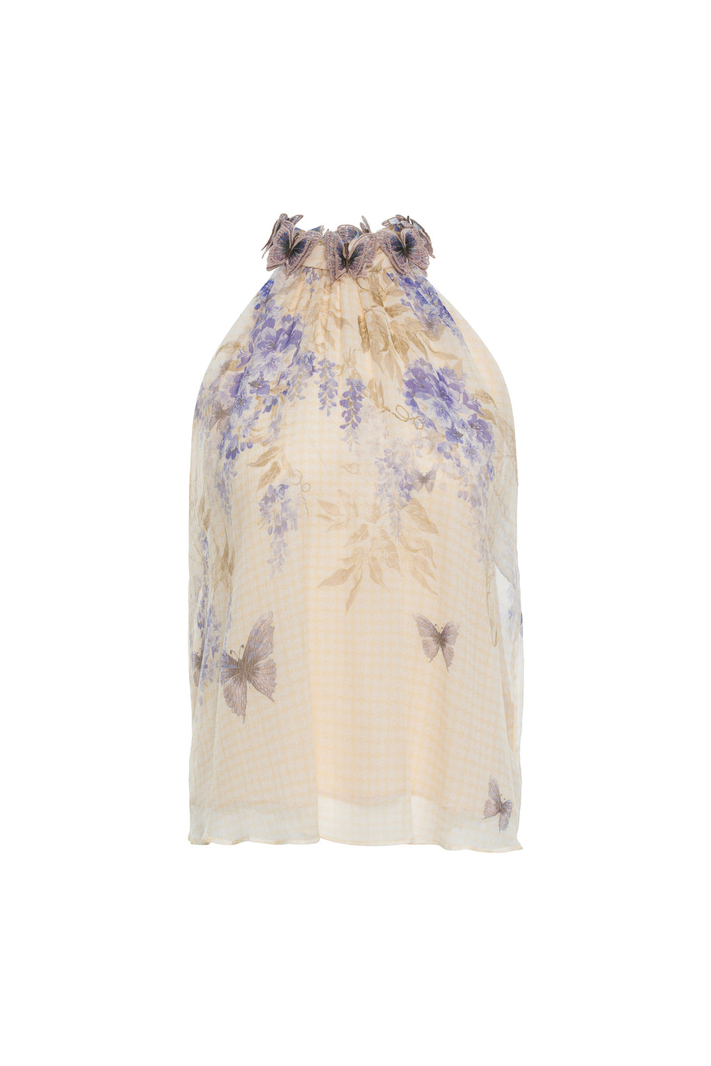 Indigo Wisteria Print Halter Neck Sleeveless Blouse