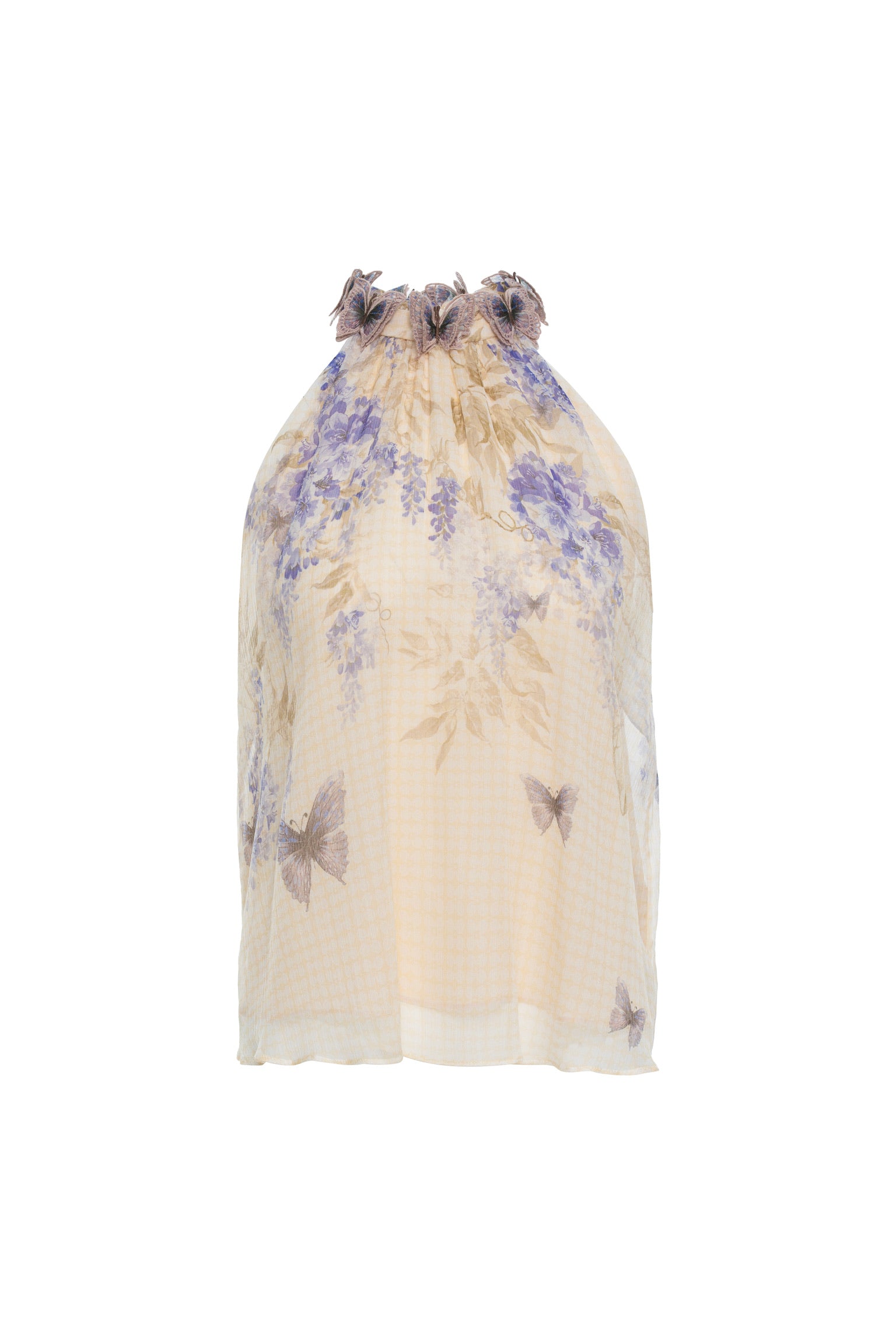 Indigo Wisteria Print Halter Neck Sleeveless Blouse