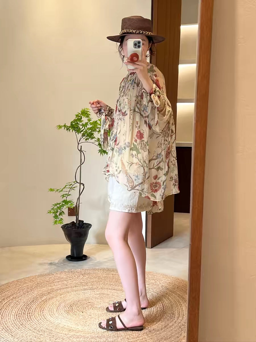French Retro Bird‑Floral Print High‑Neck Shirt, Loungewear Loose Mulberry Silk Sun‑Protection Blouse
