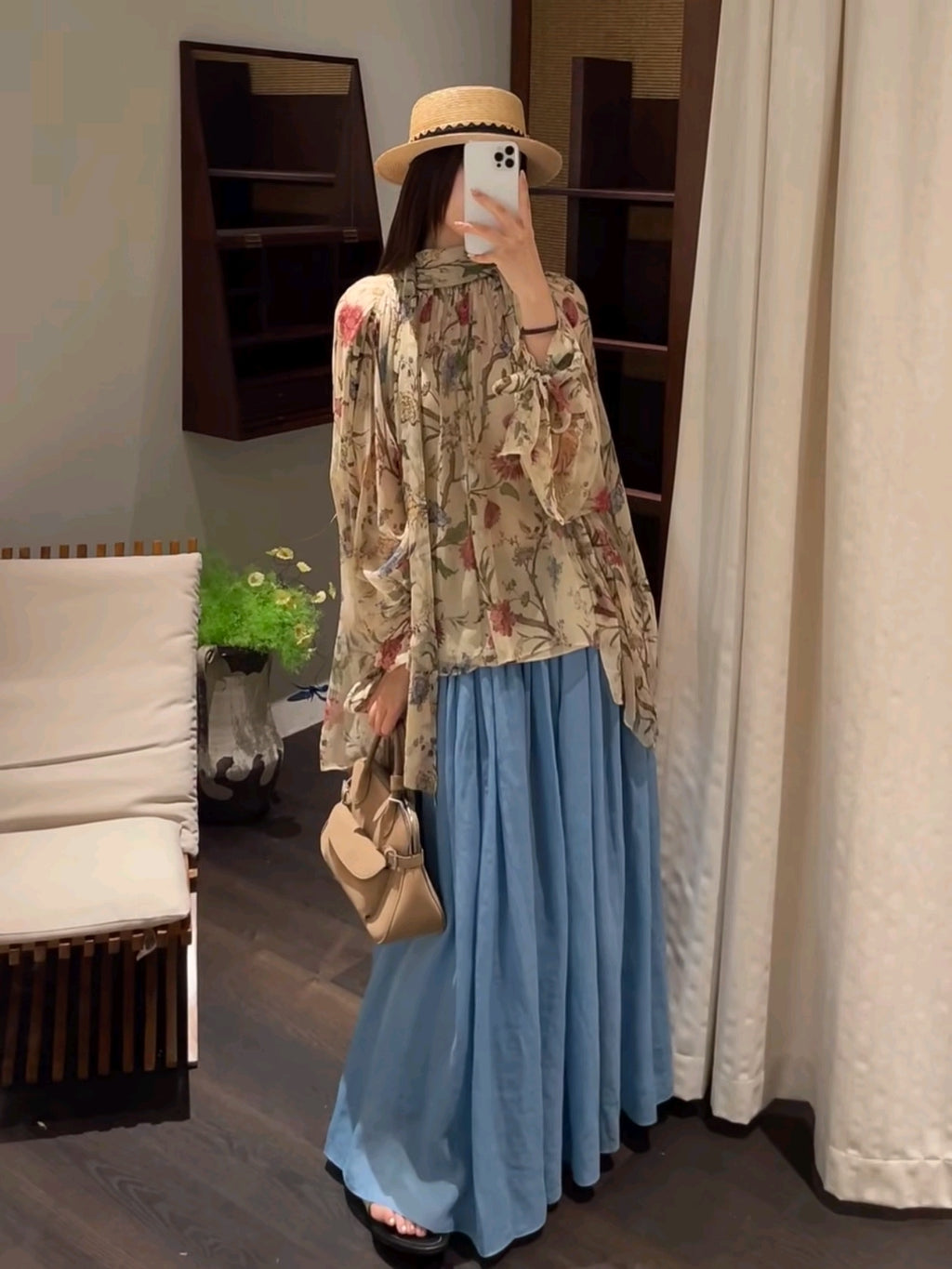 French Retro Bird‑Floral Print High‑Neck Shirt, Loungewear Loose Mulberry Silk Sun‑Protection Blouse
