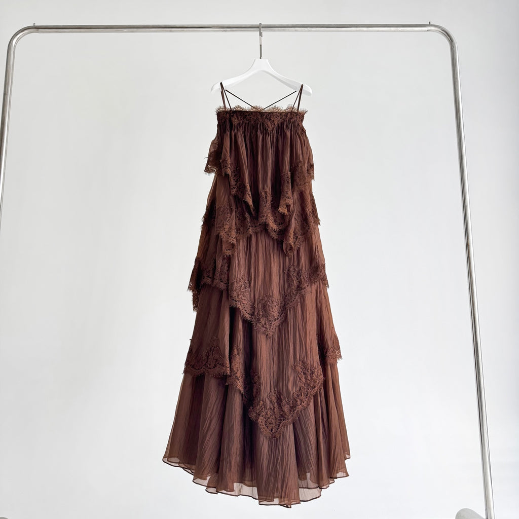 Caramel Brown Multi-layer Ruffle Spaghetti Strap Flared Maxi Dress