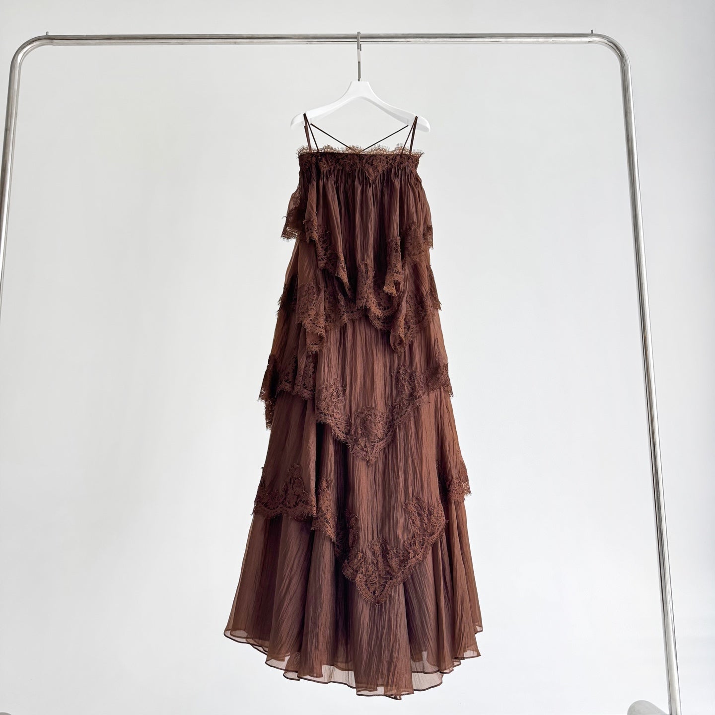 Caramel Brown Multi-layer Ruffle Spaghetti Strap Flared Maxi Dress