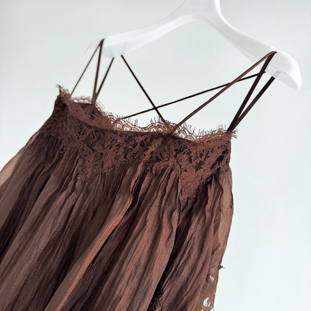 Caramel Brown Multi-layer Ruffle Spaghetti Strap Flared Maxi Dress