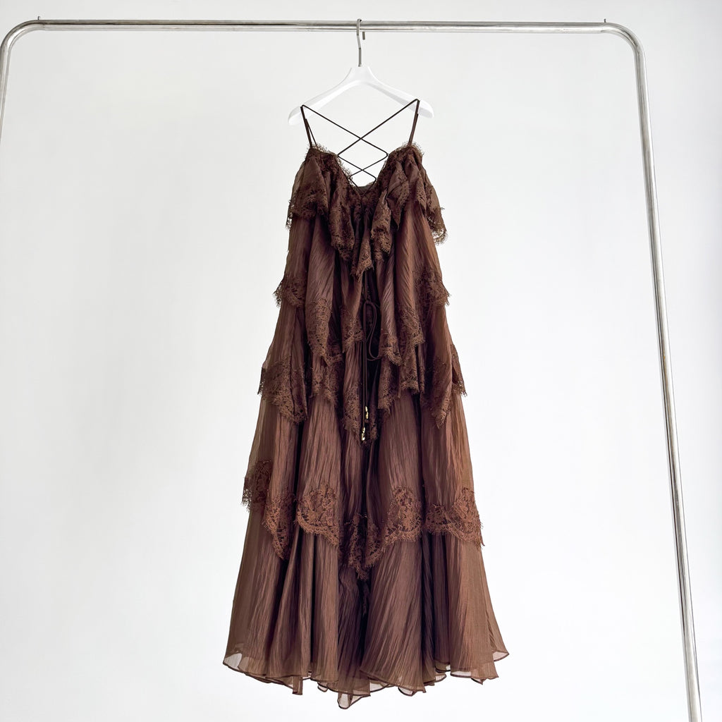 Caramel Brown Multi-layer Ruffle Spaghetti Strap Flared Maxi Dress