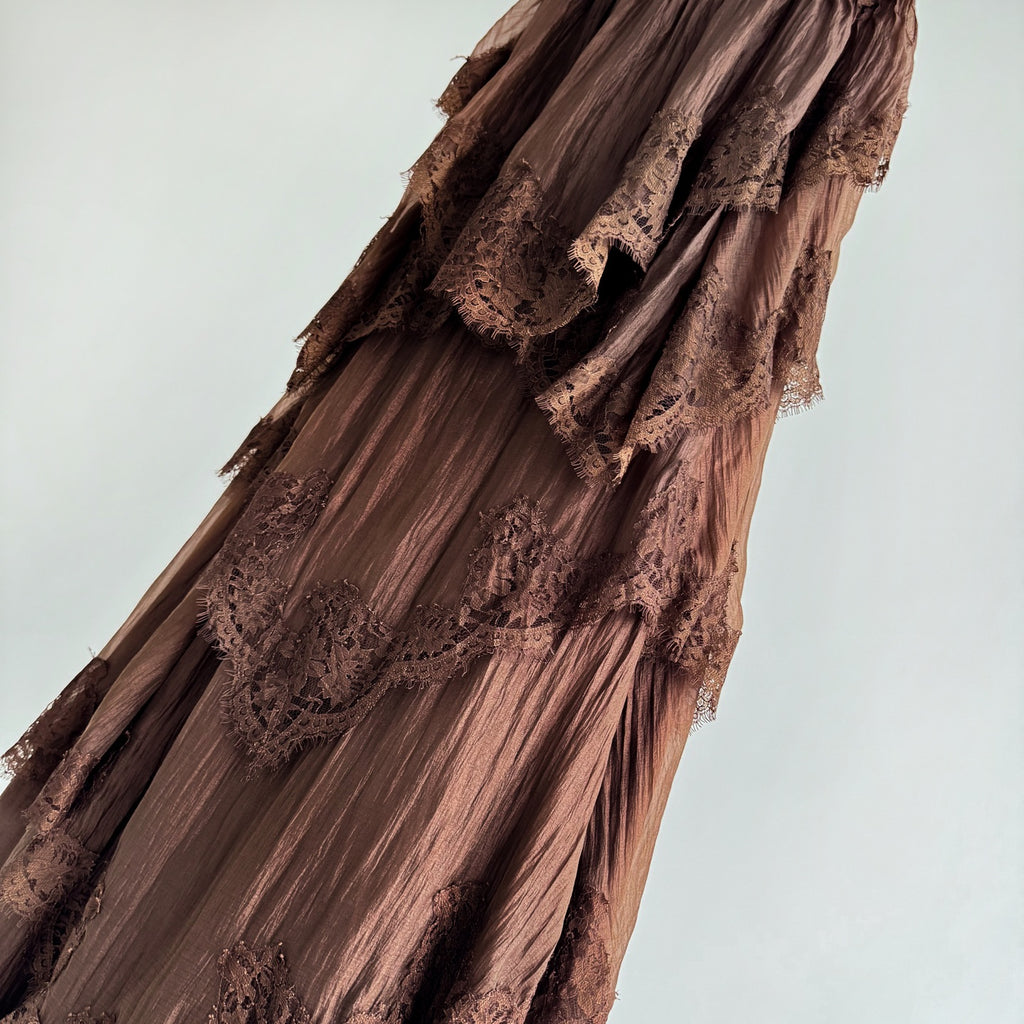 Caramel Brown Multi-layer Ruffle Spaghetti Strap Flared Maxi Dress