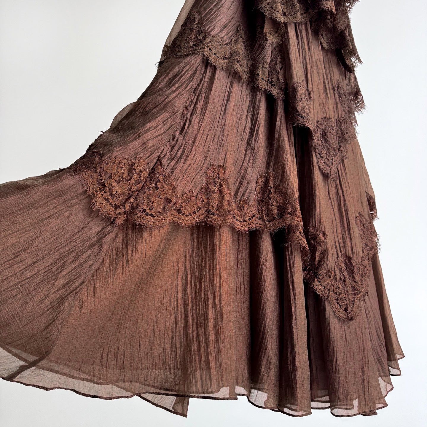 Caramel Brown Multi-layer Ruffle Spaghetti Strap Flared Maxi Dress